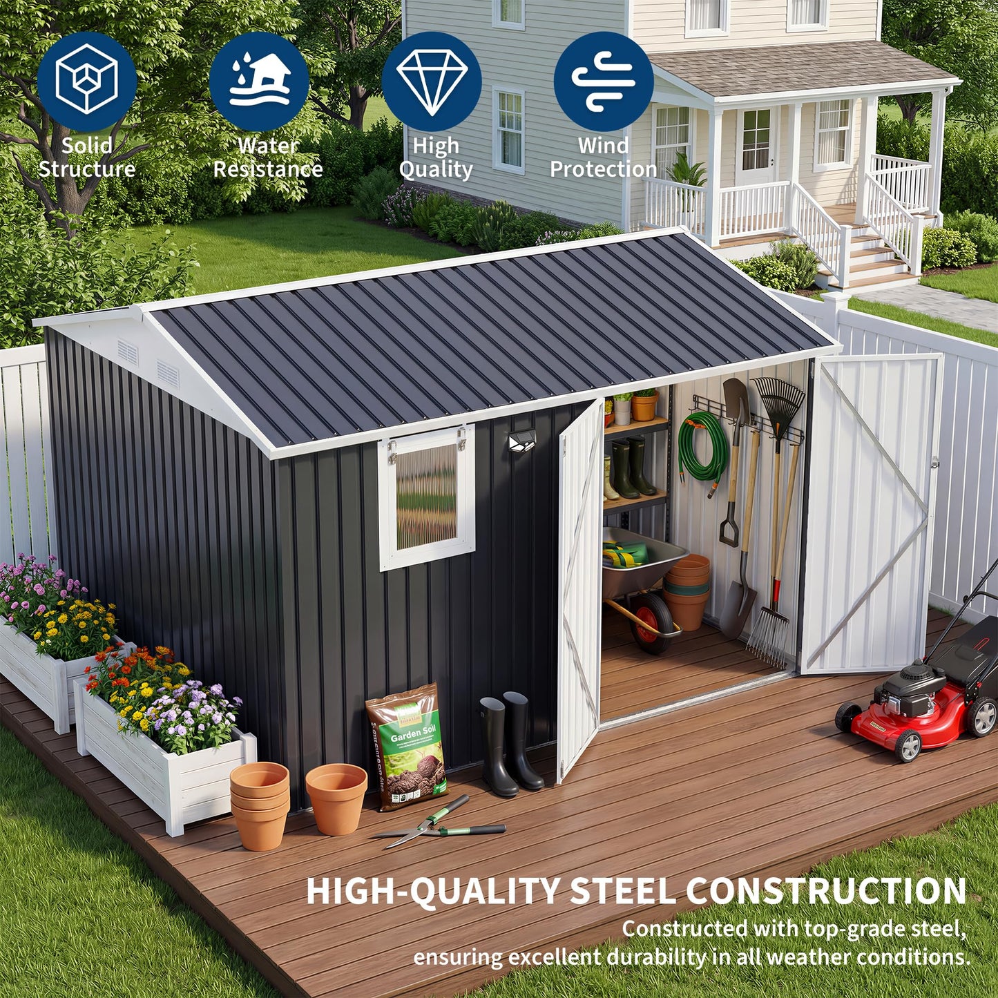 JoanKaren 10x8FT Outdoor Storage Shed with Pushable Window, Solar LED Lamp and Built-in Pegboard, Metal Garden Shed with Sloping Roof, Lockable Doors, Steel Tool Shed for Backyard Patio, Black