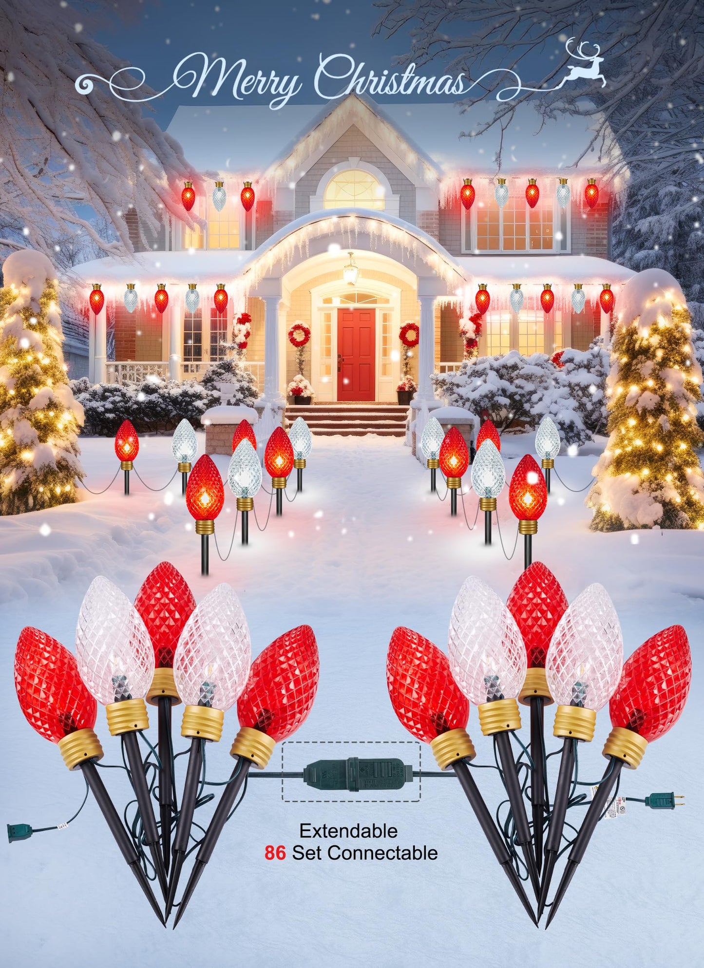 Minetom Christmas String Lights, 11ft Jumbo C9 Outdoor Decorations, 2 Pack, Red & Cool White, Waterproof, Model GY-C-50.6-U-B1