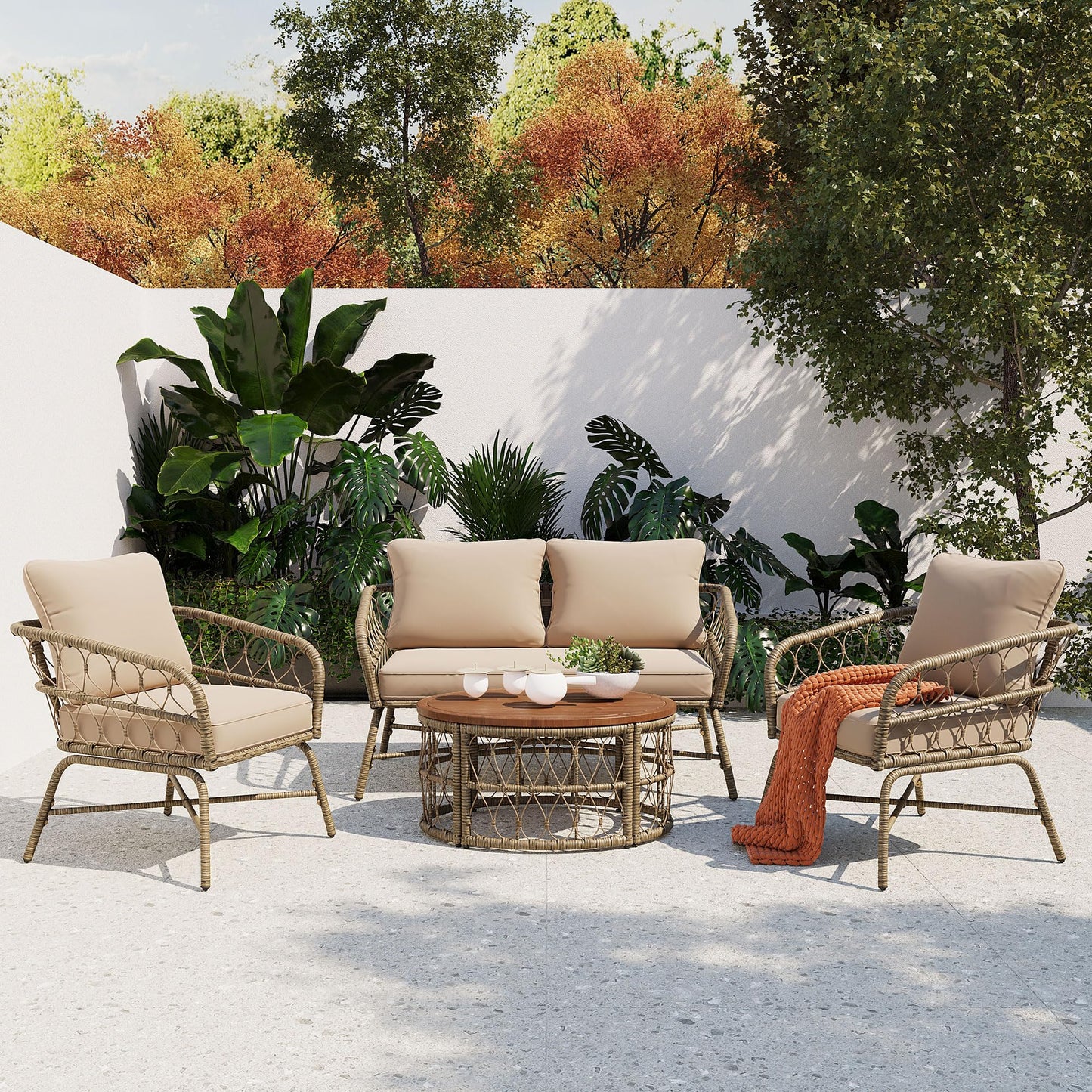 Merax 4-Piece Bohemian Patio Furniture Set, Outdoor Wicker Conversation Set with Single & Loveseat Chairs, Removable Cushions, Wood Tabletop Coffee Table for Garden, Backyard, Balcony, Porch, Poolside