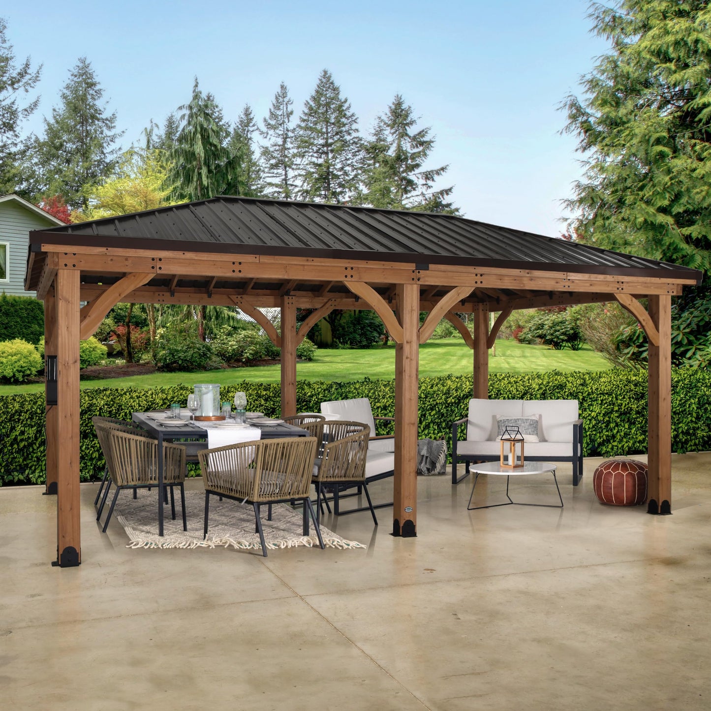 Backyard Discovery Barrington 20' x 12' Cedar Wood Outdoor Gazebo Pavilion with Hardtop Galvanized Steel Hip Roof, Snow Support, Wind Resistance, PowerPort, Shade for Garden, Patio, Deck, Entertaining