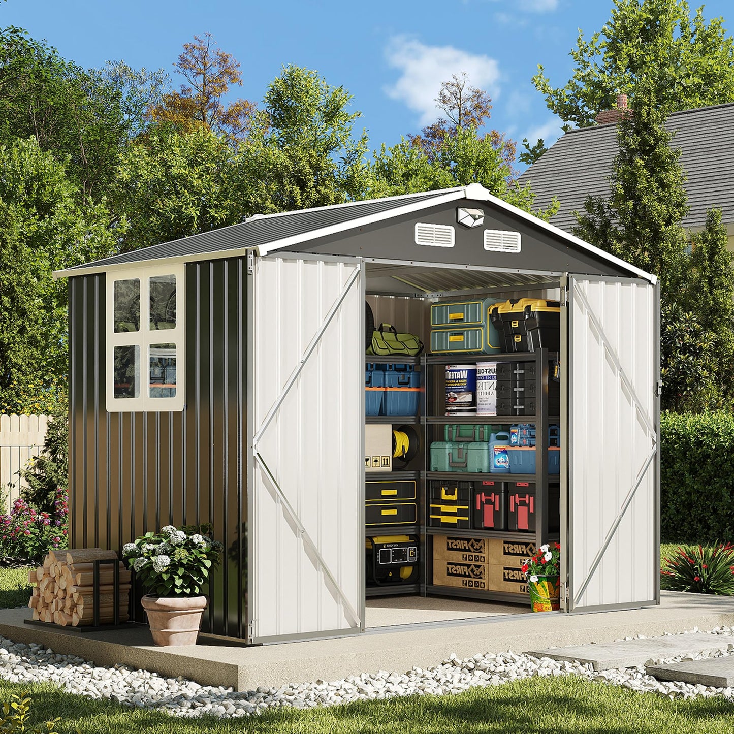 OneBlis 8x6FT Outdoor Storage Shed, Tool Shed with Sloping Roof and Lockable Door, Galvanized Metal Shed for Backyard Garden Patio Lawn, Black