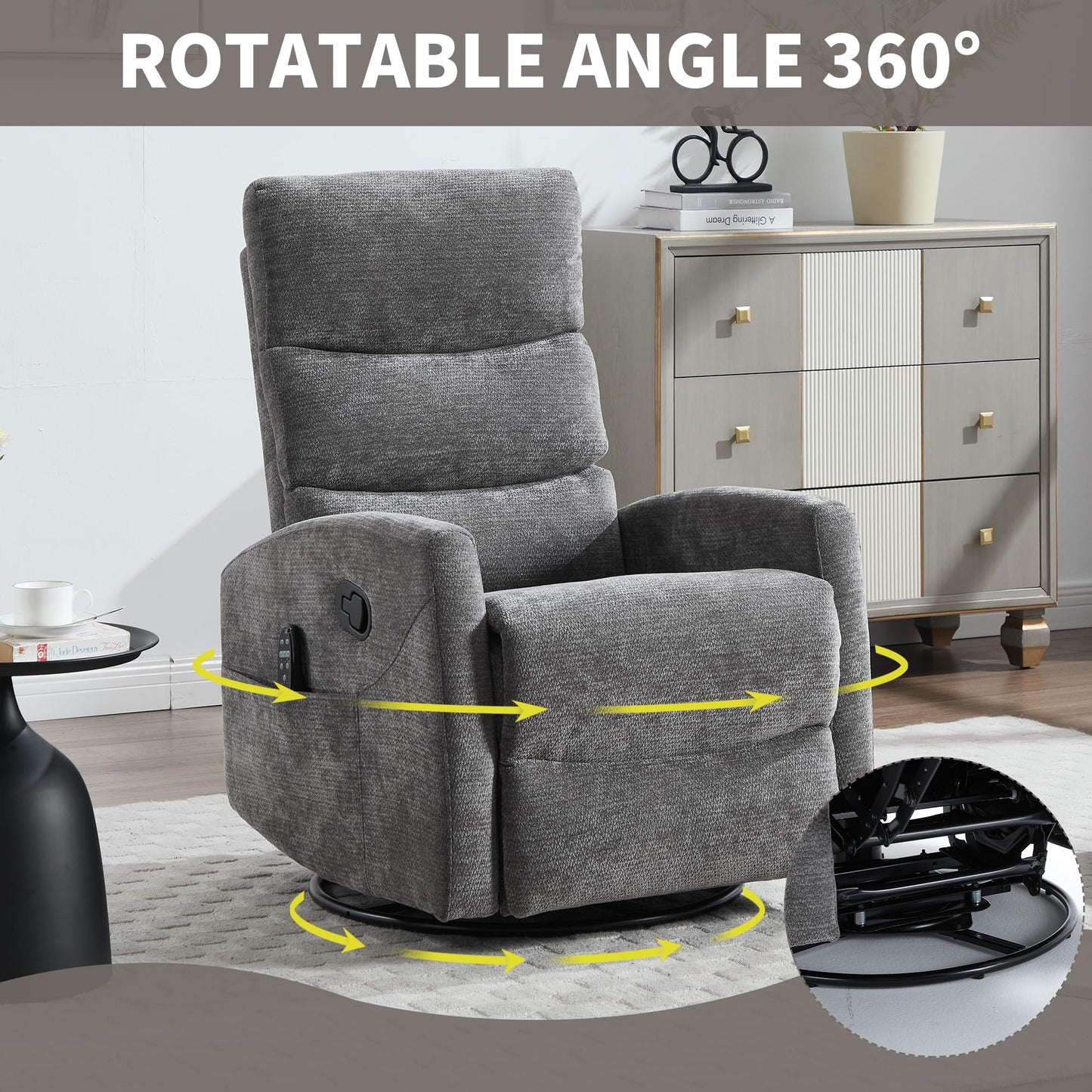 KEIKI 4-in-1 Manual Swivel Rocker Recliner Chair for Home Living Room, Chenille Chair with Back Massager & Heat, Home Theater Seating with Lumbar Support, Cozy Small Bedroom Chairs for Adults, Grey