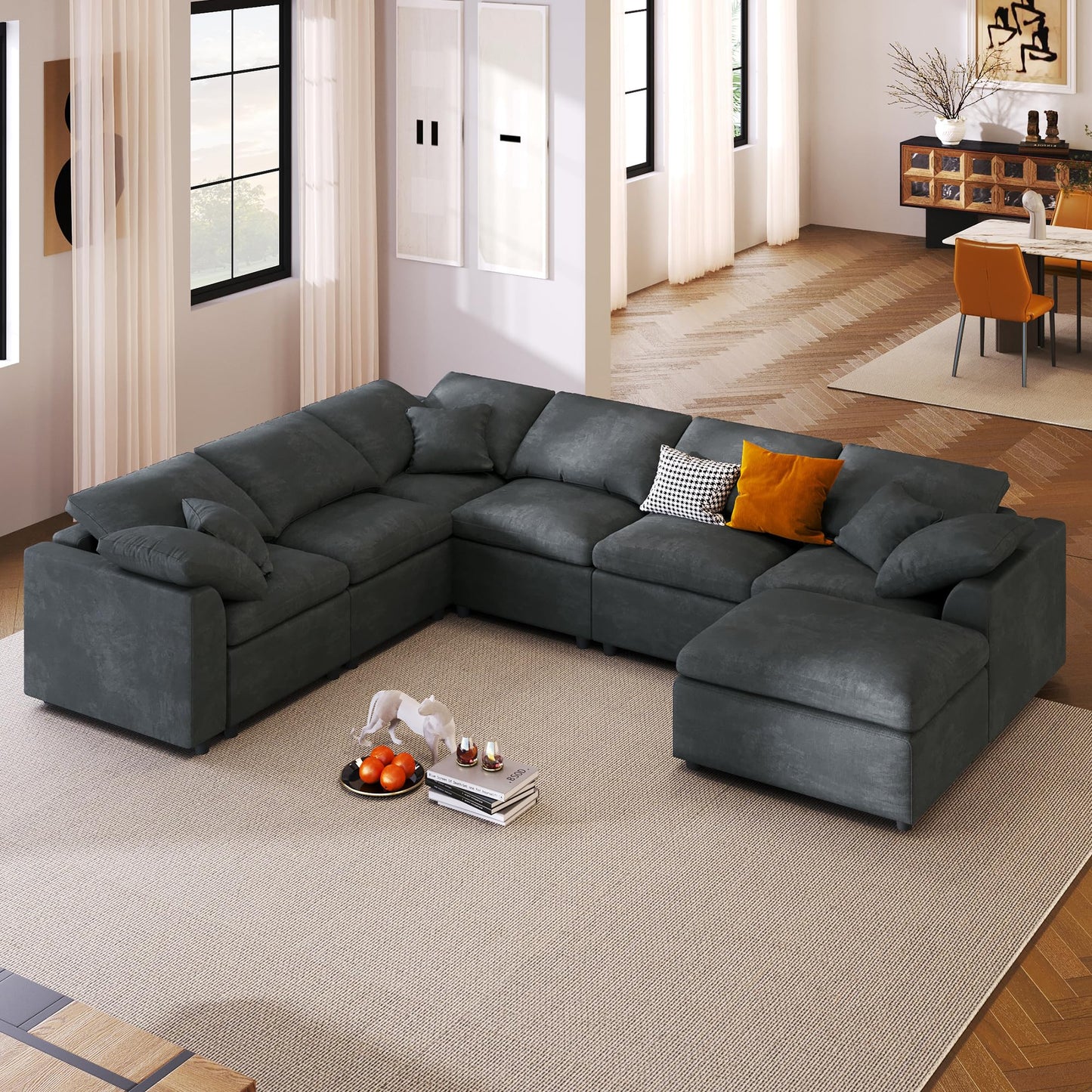 124.8" W Modular Sectional Sofa L Shaped Modern Couch with Ottoman, Deep Seat and Wide Chaise for Living Room, Gray