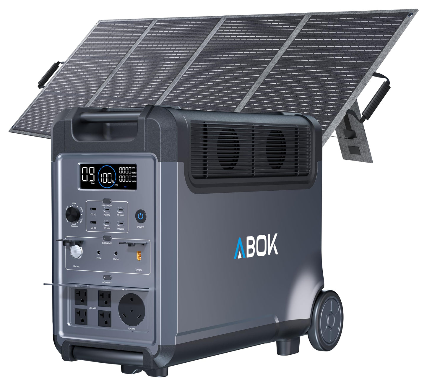 ABOK Ark3600 Portable Power Station with 200W Soalr Panel, 3840Wh LiFePO4 Battery, Expandable to 11520Wh, 3H Fast Charge, 15 Outlets, UPS 10ms, 3600W Solar Generator for Home Backup, Camping, RV