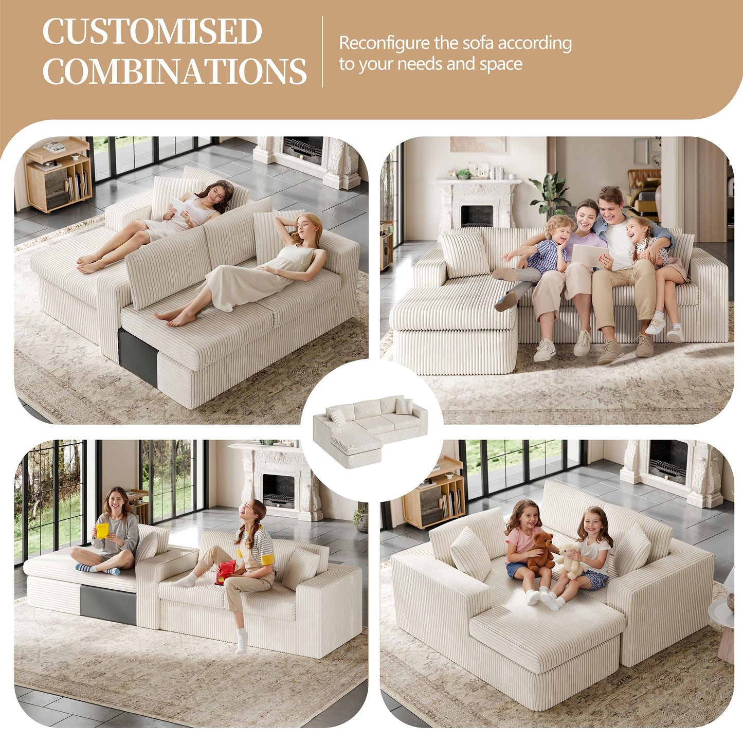 Vongrasig 105" Boneless Couches for Living Room, Sectional Couches Modular Sofa with L-Shaped Chaise, Memory Foam Comfy Cloud Couch with Plush Corduroy Fabric, No Assembly Required, (Beige)