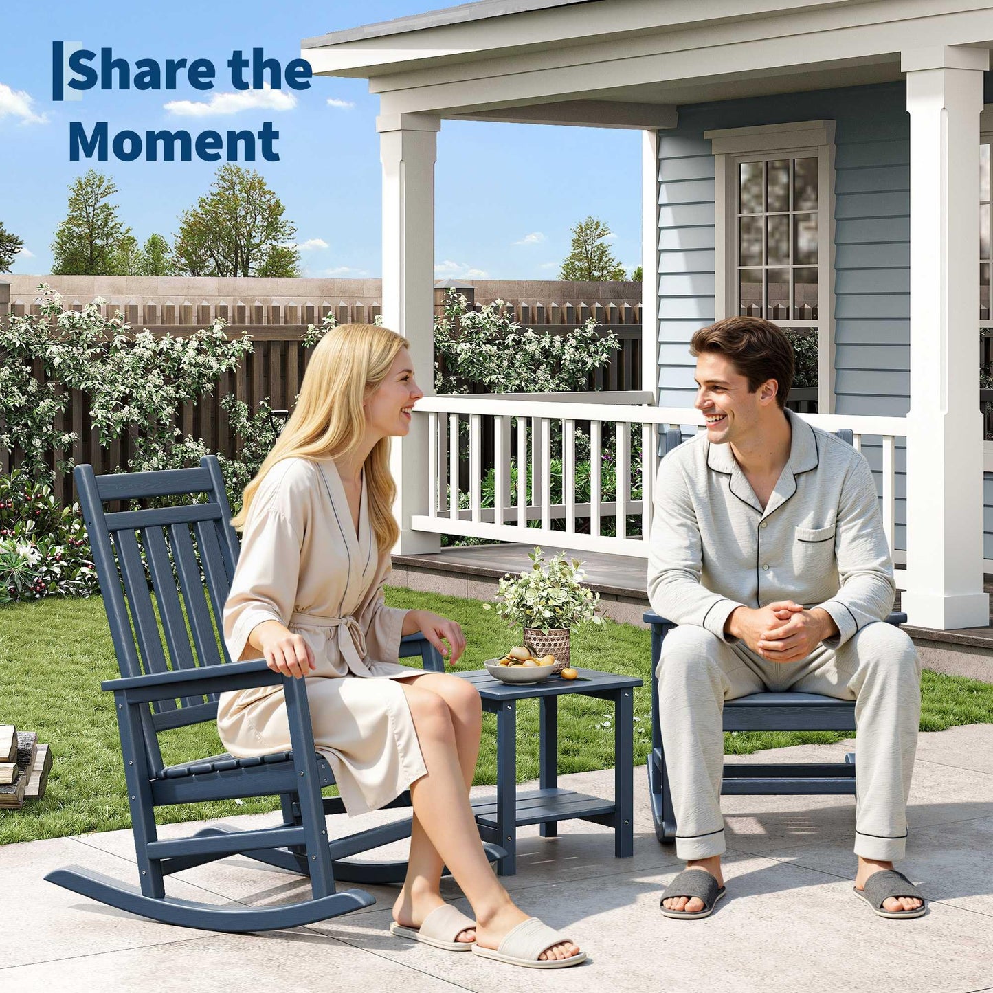 Garvee HDPE Rocking Chair Outdoor Set of 4 with 2 Side Table - Poly High Back Porch Rocker Chairs for Adults - All Weather Resistant Furniture for Patio Front Porch - Navy Blue