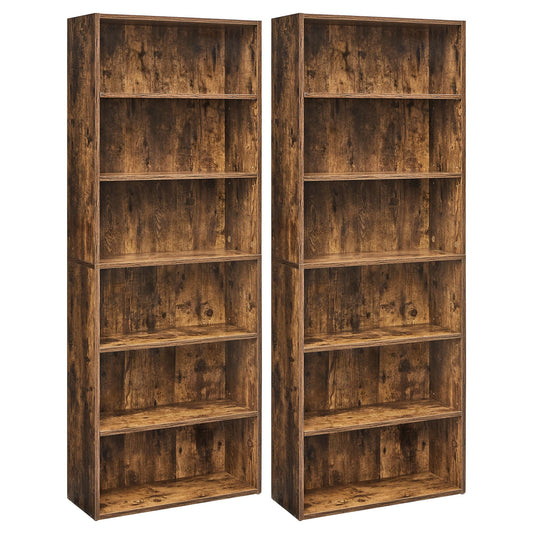 VASAGLE Set of 2 Bookshelves, 23.6 Inches Wide, 6-Tier Open Bookcases with Adjustable Storage Shelves, Floor Standing Units, Rustic Brown ULBC166X01-2