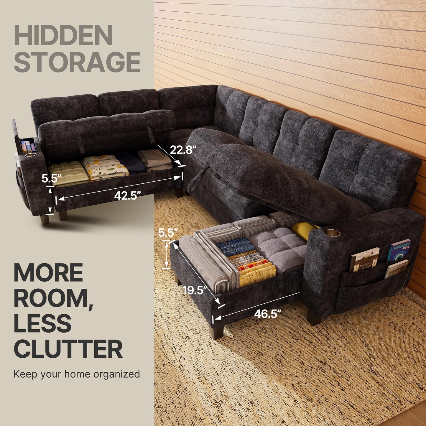 Marsail 110" Sectional Sleeper Sofa with Pull Out Bed, 7 Seat Modular Sectional Couch with Storage, USB & Cup Holders, Modern Chenille Cloud Sofa for Living Room, Dark Gray