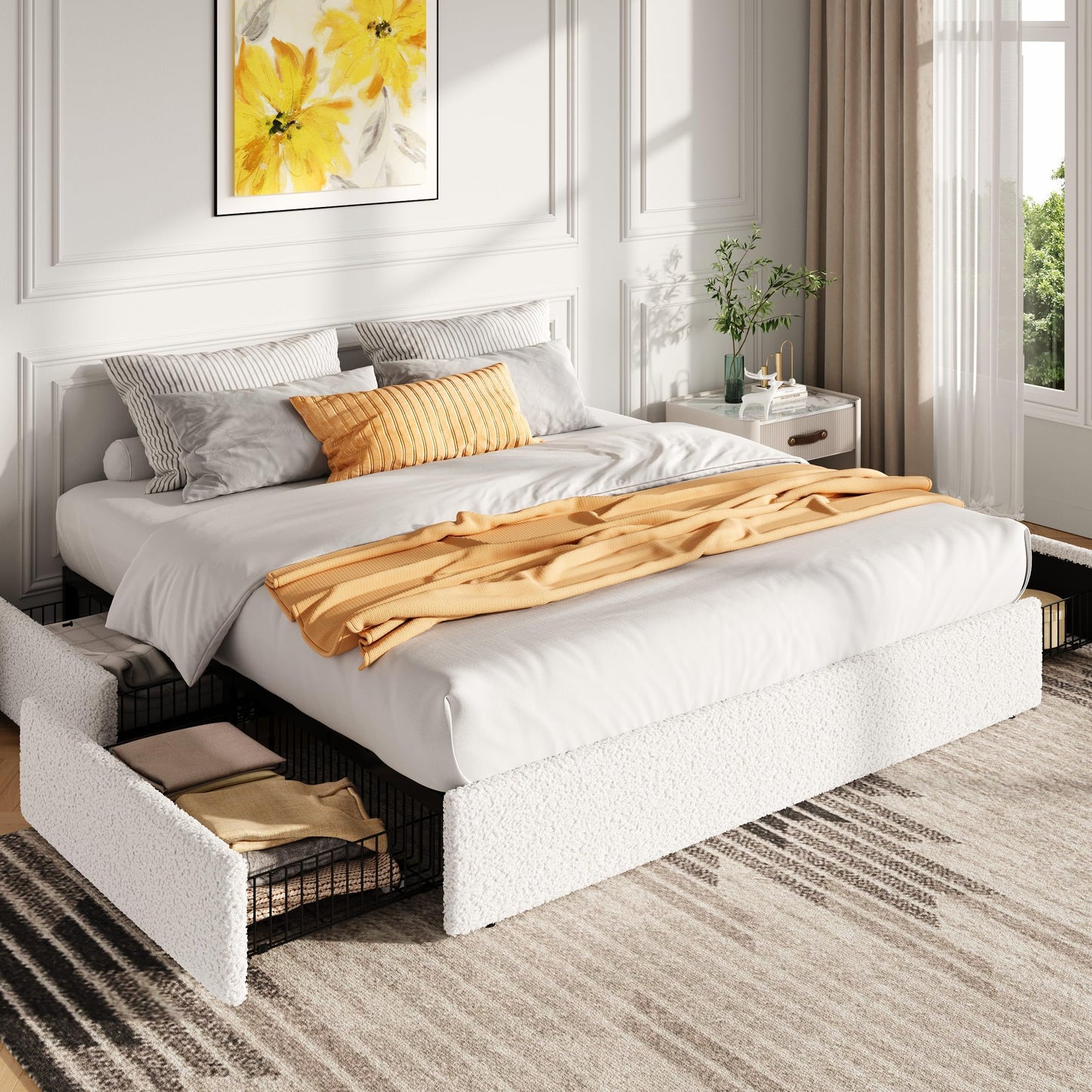 SHA CERLIN Boucle King Size Bed Frame with 4 Spacious Drawers, Platform Bed with Soft Teddy Fabric Upholstery, Sturdy Wooden Slats Support, No Box Spring Needed, Noise Free, Easy Assembly, White