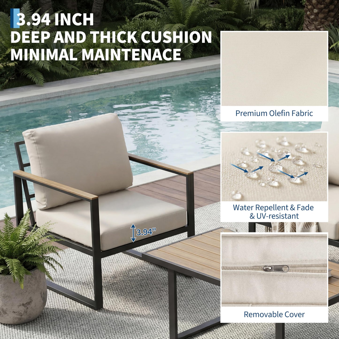 GarveeHome 4-Piece Aluminum Patio Furniture Set with Coffee Table, Outdoor Sectional Conversation Set with Washable High-Resiliency Sponge Cushions, Modern Metal Sofa for Poolside, Deck (Beige)