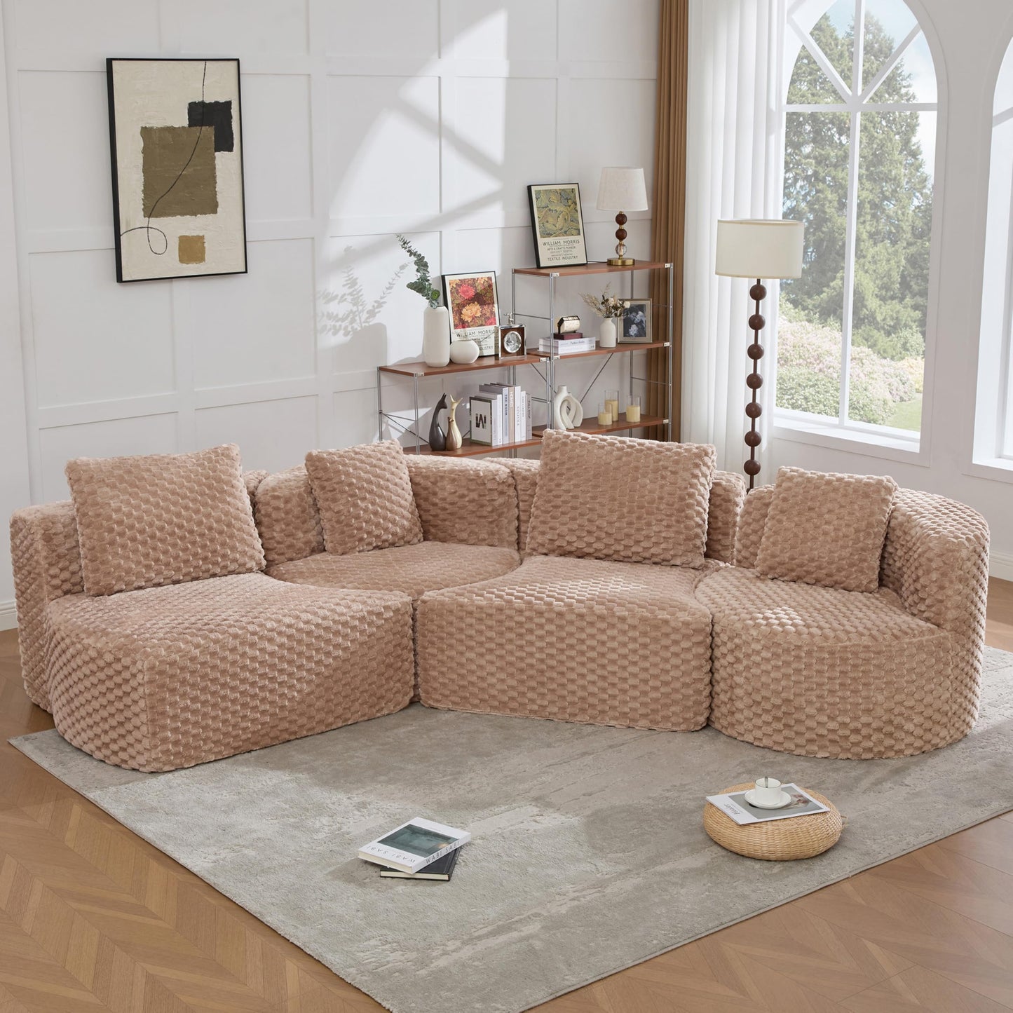 Merax 138" Curved Modular Sectional Sofa Set, Compressed 4 Seat Bubble-Velvet Boneless Sectional Couch Sofa with Deep Seat & Pillow, Comfy Cloud Soft Couches for Living Room, Easy Assembly, Camel