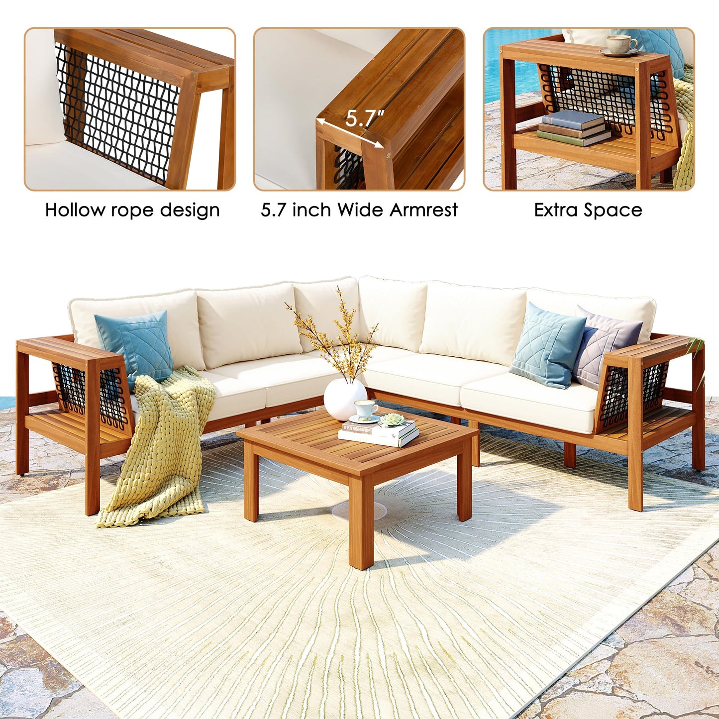 Merax 4 Pieces Patio Furniture Set, Outdoor L-Shaped Sectional Sofa Set with Coffee Table, Acacia Wood Conversation Seating & Thick Cushions and Side Table, for Backyard, Garden and Poolside, Beige