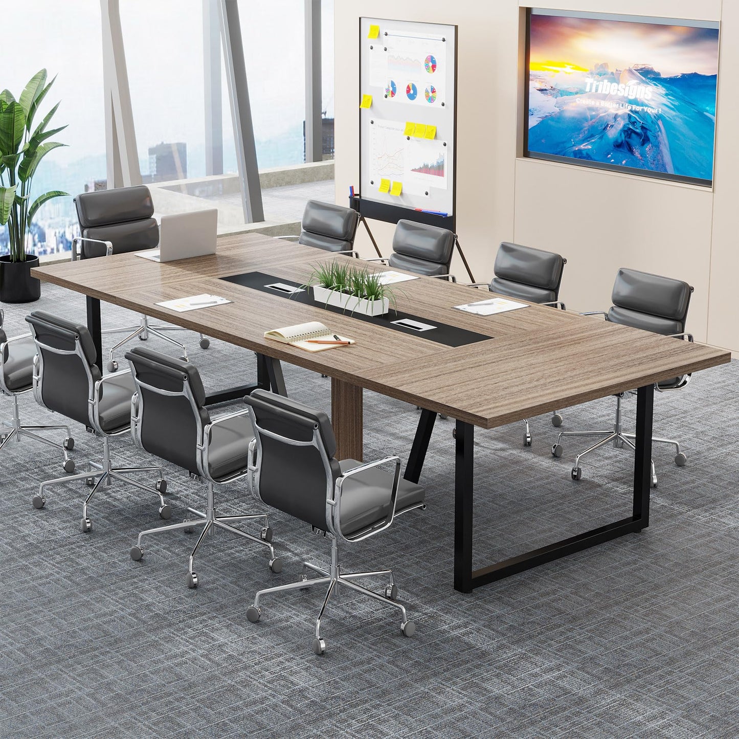 Tribesigns 8FT Conference Table, 94.49 L x 47.24 W x 29.53 H Inches Large Meeting Podcast Table for 10 People, Business Style Wooden Training Table with Strong Metal Frame for Office Conference