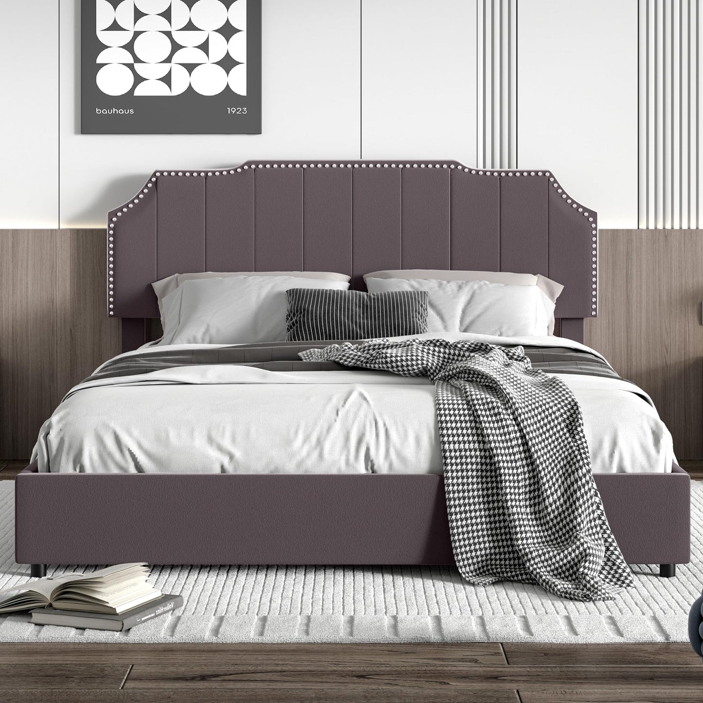 VECELO Queen Velvet Upholstered Platform Bed Frame with 4 Rollers Storage Drawers,Queen Size Bed with Tufted Height Adjustable Headboard,Wooden Slats/No Box Spring Needed/Easy Assembly