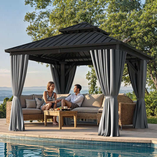 YITAHOME 10X10FT Hard Top Gazebo Patios Outdoor Double Roof Canopy Aluminum Frame Garden Gazebo with Curtains Netting for Backyards Decks Lawns, Gray