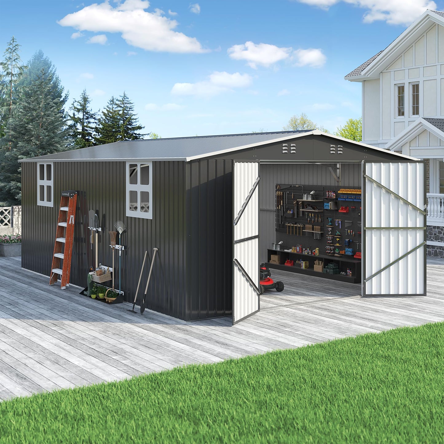 AirWire 12x18 FT Outdoor Storage Shed, Garden Shed with Updated Frame Structure and Lockable Doors, Metal Tool Sheds for Backyard Garden Patio Lawn,Black