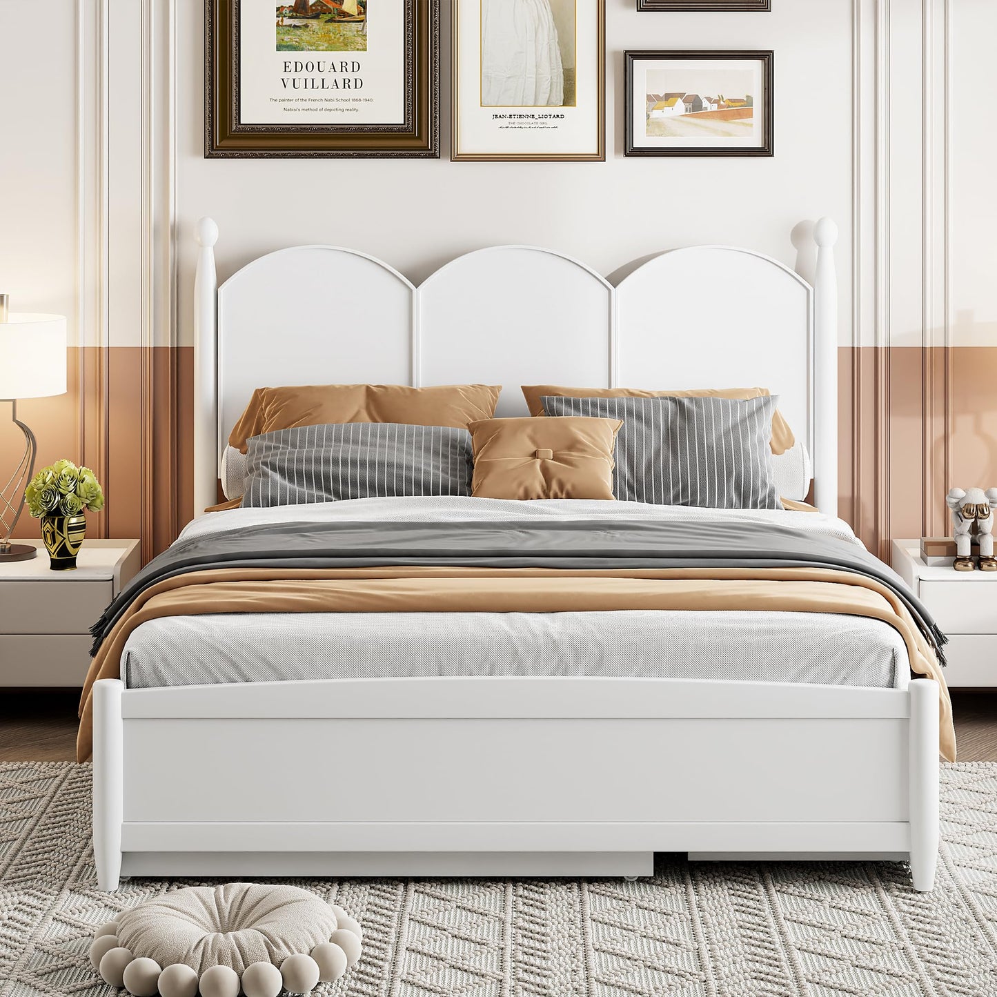 Merax Queen Size Platform Bed with 2 Storage Drawers and Twin XL Size Trundle, Rustic Design Wooden Bed Frame, White