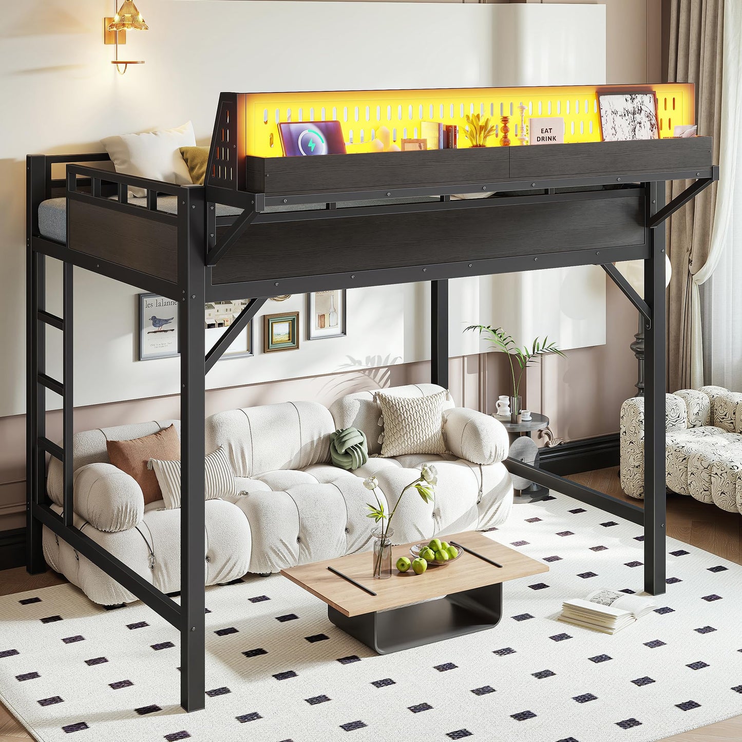 FammyLoft Full Size Loft Bed Frame, Metal Loft Bed with Storage Shelves, Pegboard and Ladder, Space Saving Loft Bed with USB Ports and LED Lightsfor Adults, Kids, Teens, 350 lb Capacity, Black