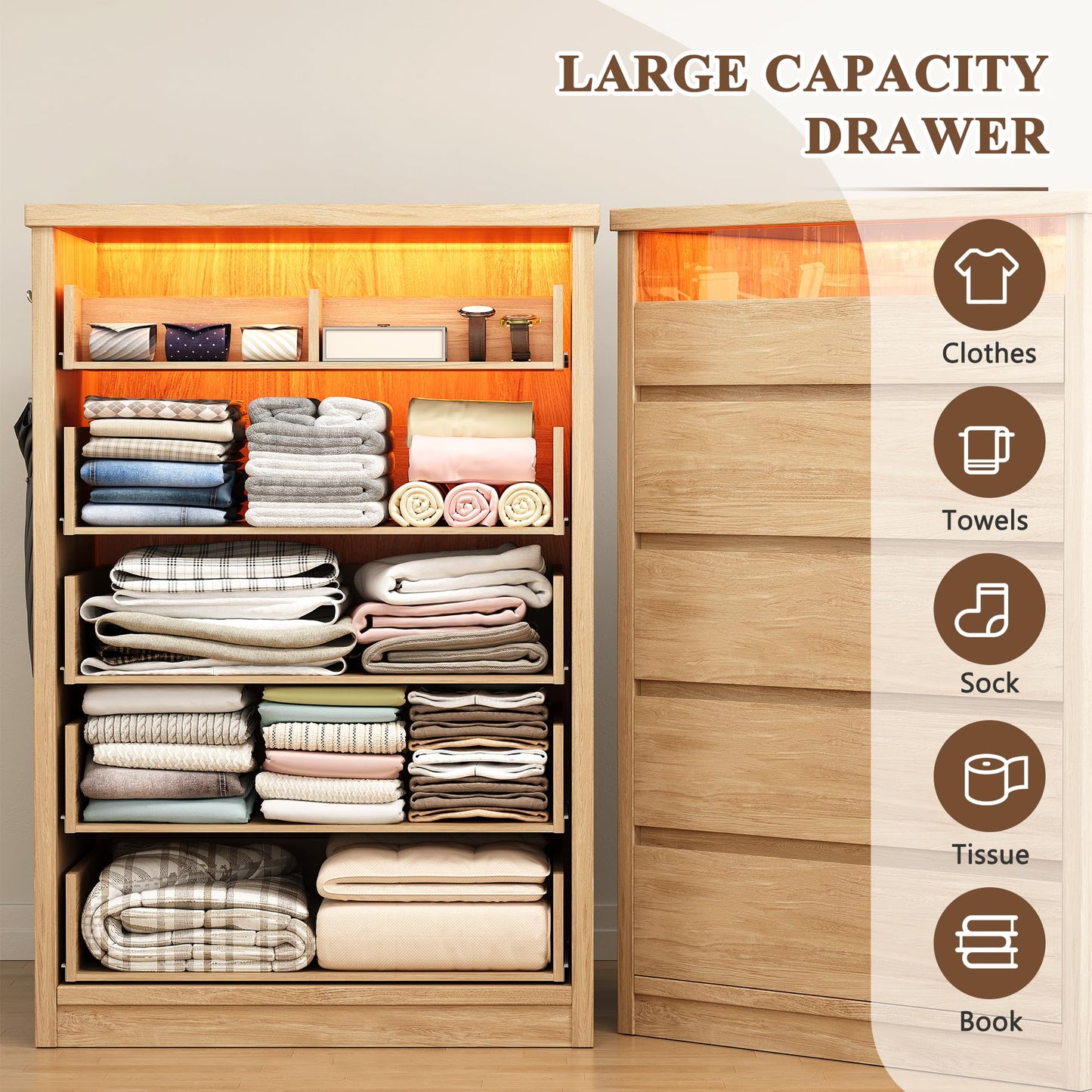 Jocoevol 5 Drawer Dresser for Bedroom with LED Light, Modern Chest of Drawers with Hidden Handles, Tall Wooden Dresser Closet for Living Room, Entryway, Hallway - Oak