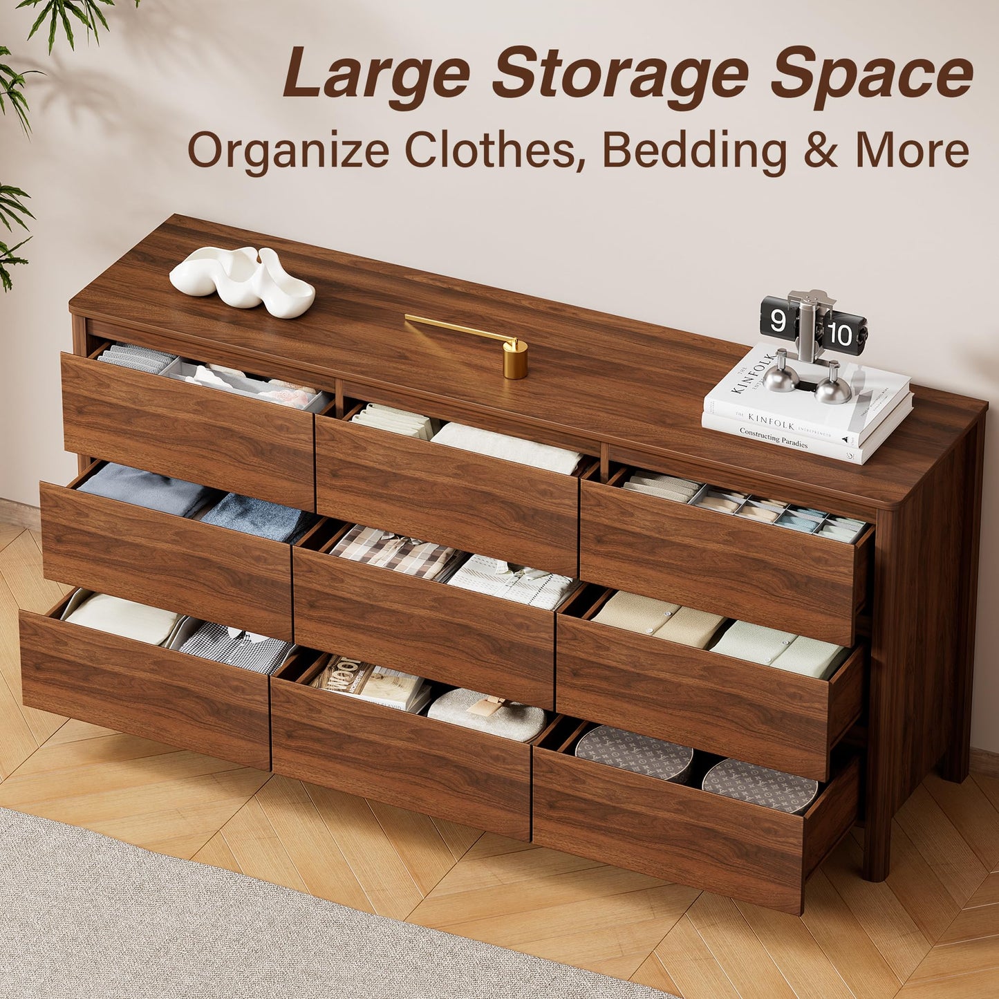 Furniway 63" Mid-Century Modern Dresser for Bedroom, 9 Drawer Wide Chest of Drawers with Wood Legs, Large Storage Bedroom Dresser, Walnut