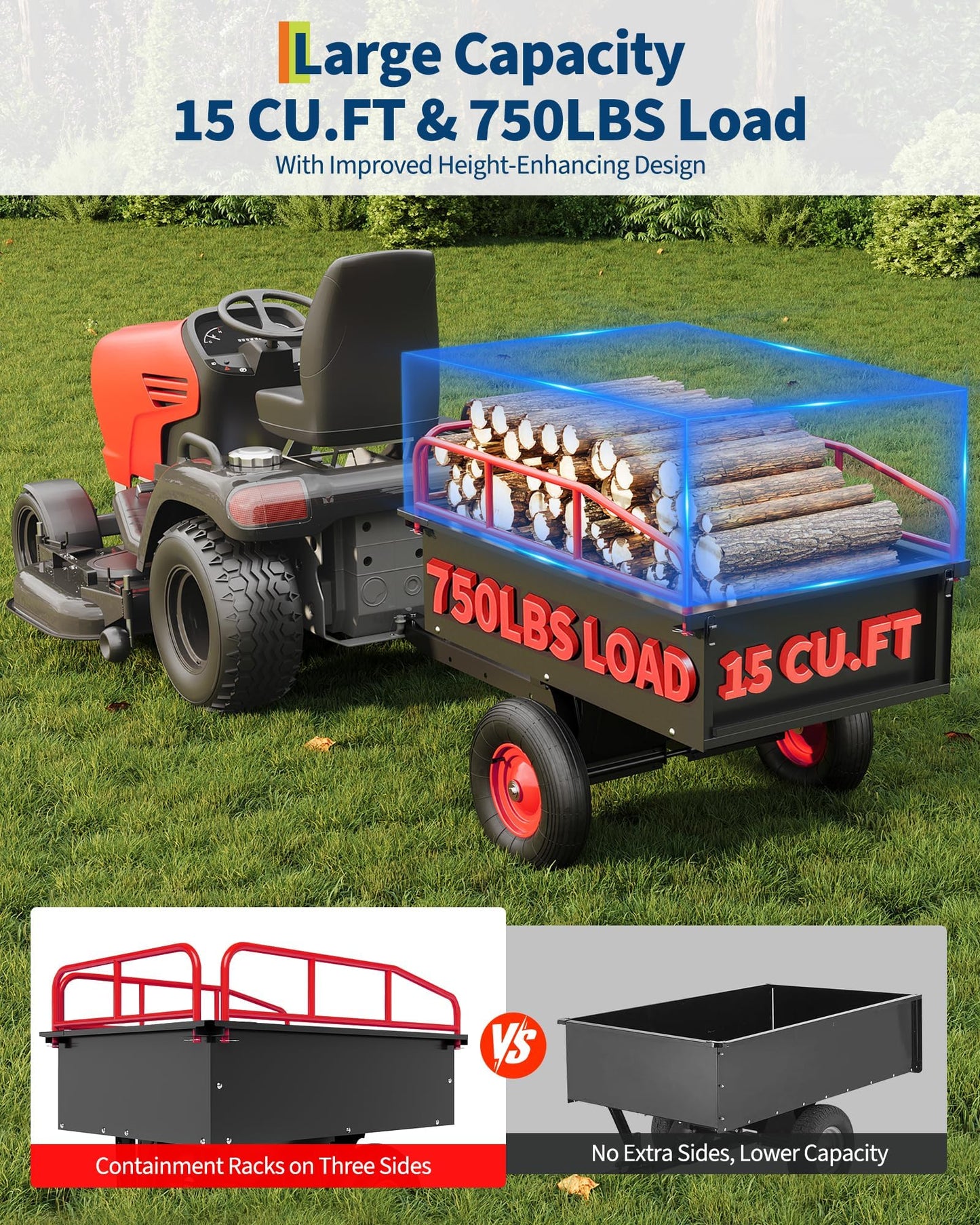 750 LBS Heavy‑Duty Dump Cart, 13.5 Cu.ft Steel Lawn Mower Trailer & Garden Trailer, Quick‑Release Dumping ATV Dump Trailer & Garden Utility Cart for Yard Work, Landscaping, Farm & Lawn Mower Towing