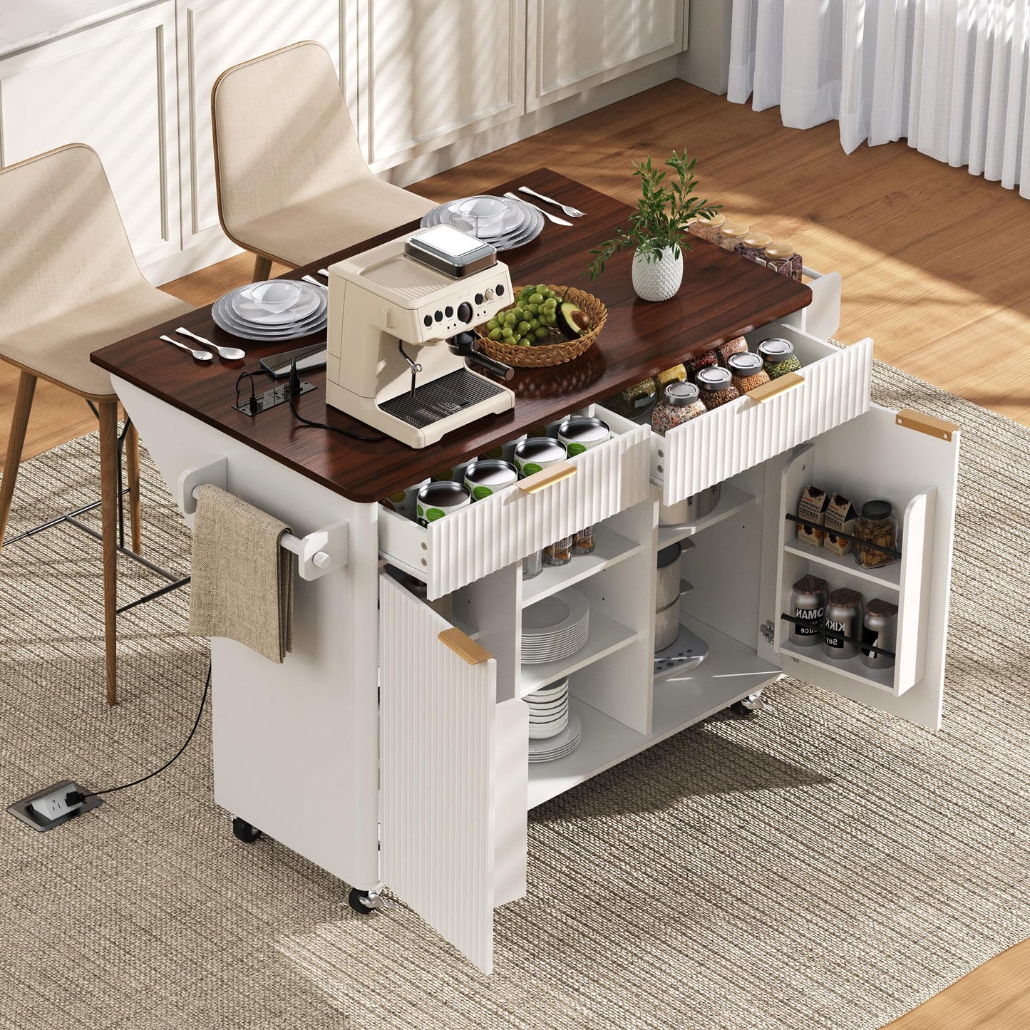 Merax Farmhouse 52 inch Kitchen Island on Wheels with Drop Leaf Table, Power Outlet, Wood Kitchen Rolling Cart with Faux Marble Top & 2 Doors & 2 Drawers, White