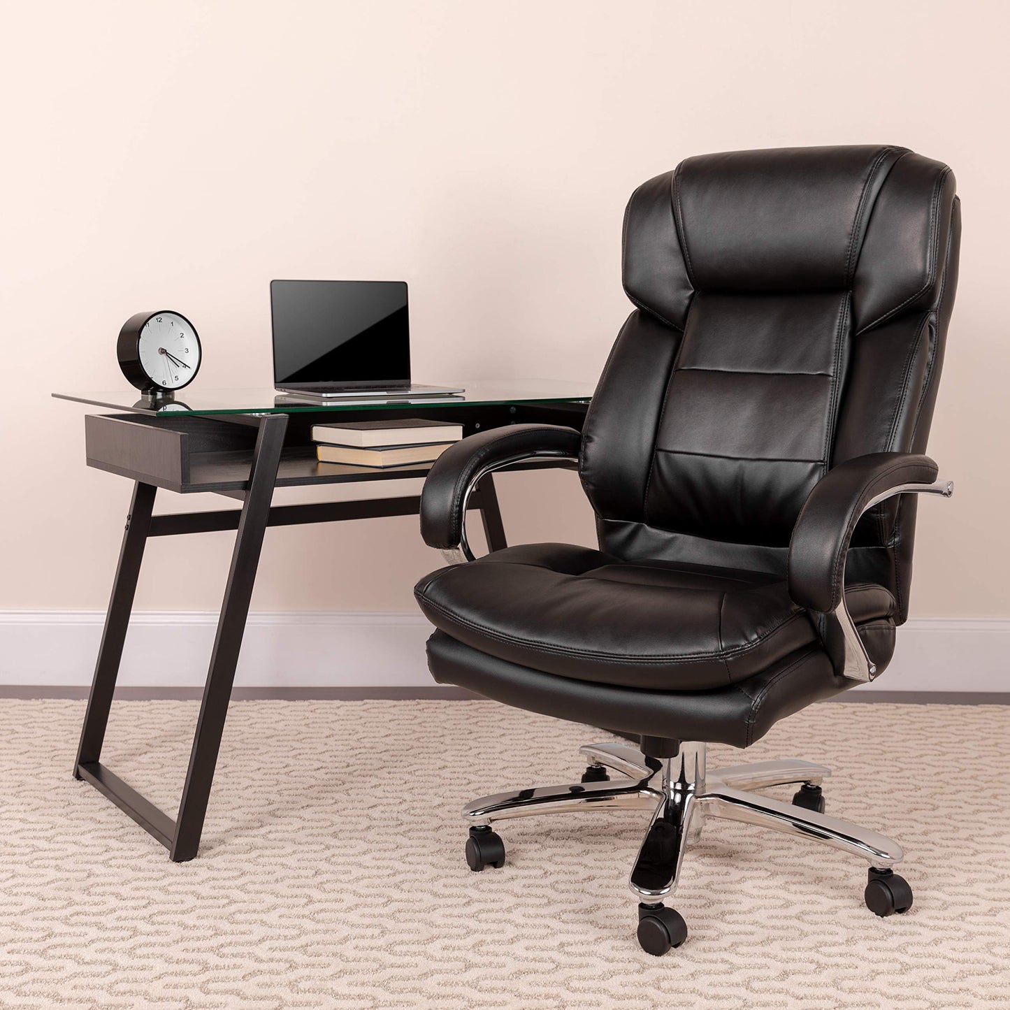 Flash Furniture Hercules Series LeatherSoft Swivel Office Chair with Loop Arms, Ergonomic High-Back Executive Chair with Padded Seat and Arms, Black