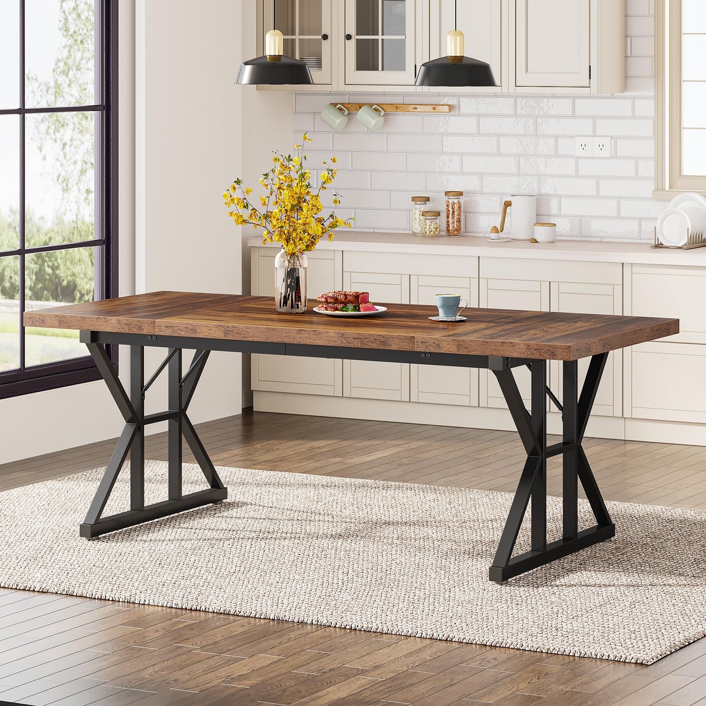 Tribesigns Farmhouse Dining Table for 6 People, 70.8-Inch Rectangular Wood Dining Table, Rustic Kitchen Table with Heavy Duty Metal Legs for Dining Room