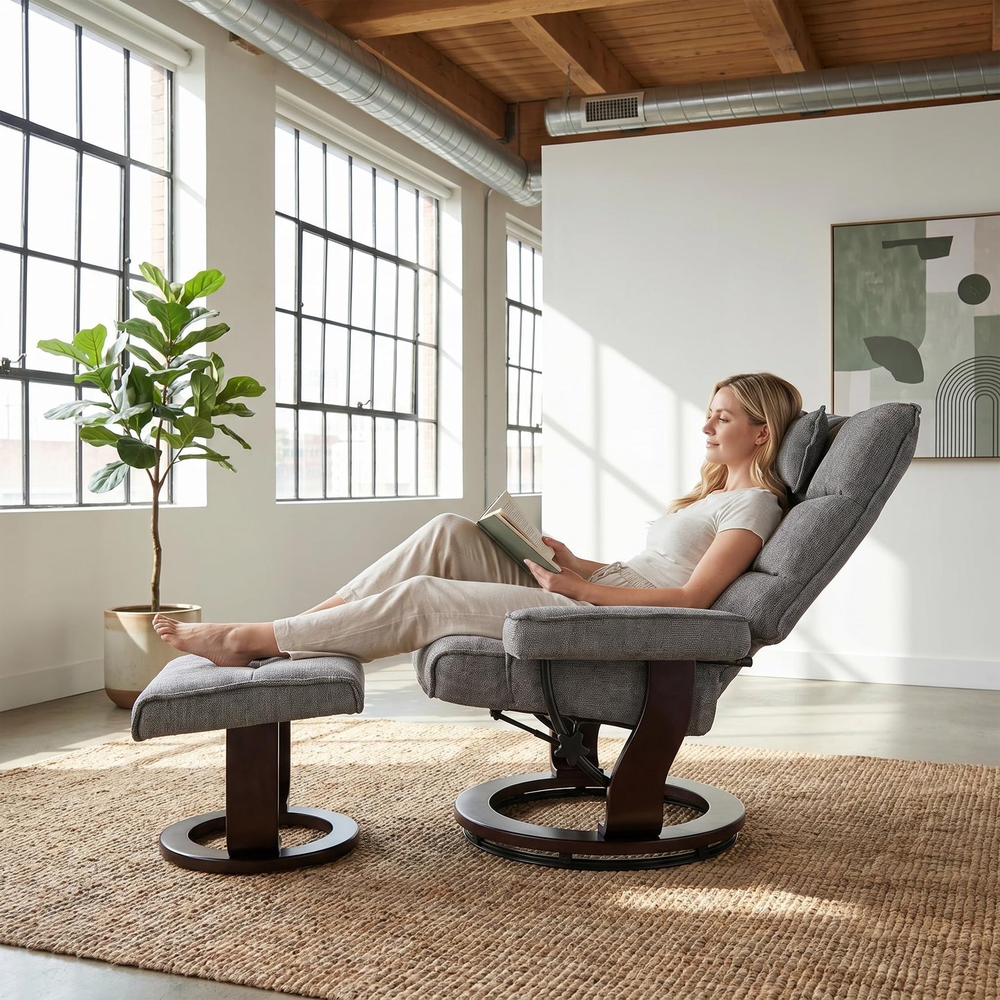 Trygoal Massage Recliner Chair with Ottoman, 360° Swivel Ergonomic Chenille Reclining with 8 Vibration & Heating Points, 135° Lounge TV Chair with Bent Wood Base & Headrest for Living Room, Grey