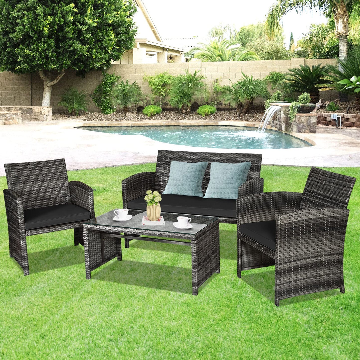 Giantex 4 Pc Patio Conversation Set, Rattan Loveseat & Patio Chairs with Cushioned Seat, Wicker Coffee Table, Outdoor Furniture Set for Front Porch Poolside Garden Lawn