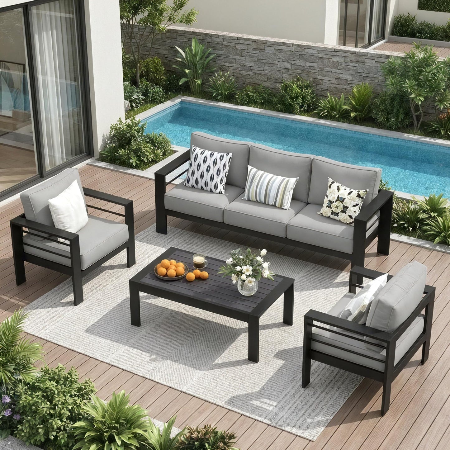 Solaste Aluminum Patio Furniture Set, 5 Seats Patio Sectional Sofa with 5" Thick Cushion, Outdoor Patio Set with Coffee Table, Patio Sofa Set for Porch, Yard, Backyard, Deck, Light Grey
