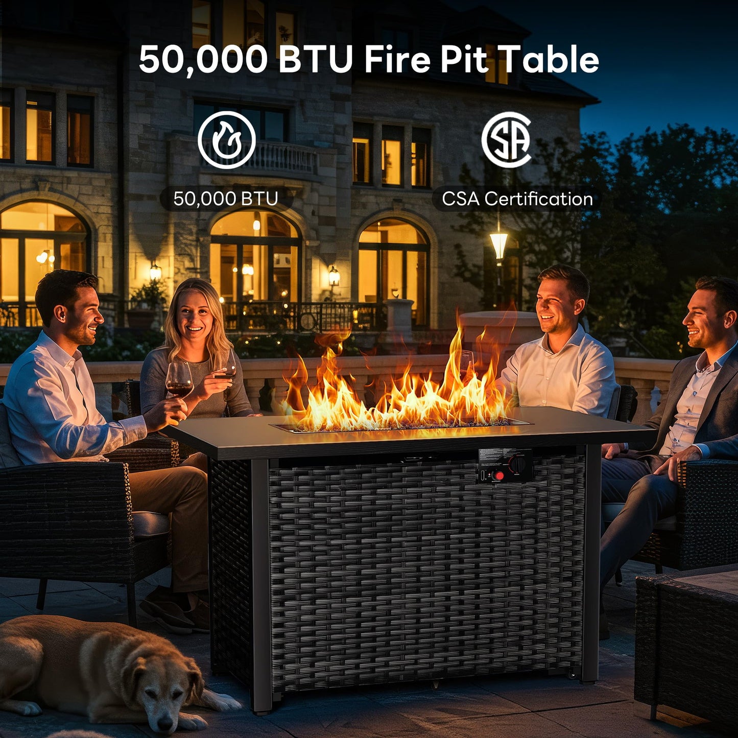 43” Outdoor Propane Fire Pit Table, 50,000 BTU Square Rattan Gas Fire Pit with Lid & Blue Crystal Stones, Steel Tabletop, Adjustable Flame, 4-in-1 FirePit Table for Patio, Backyard, Outdoor Gatherings