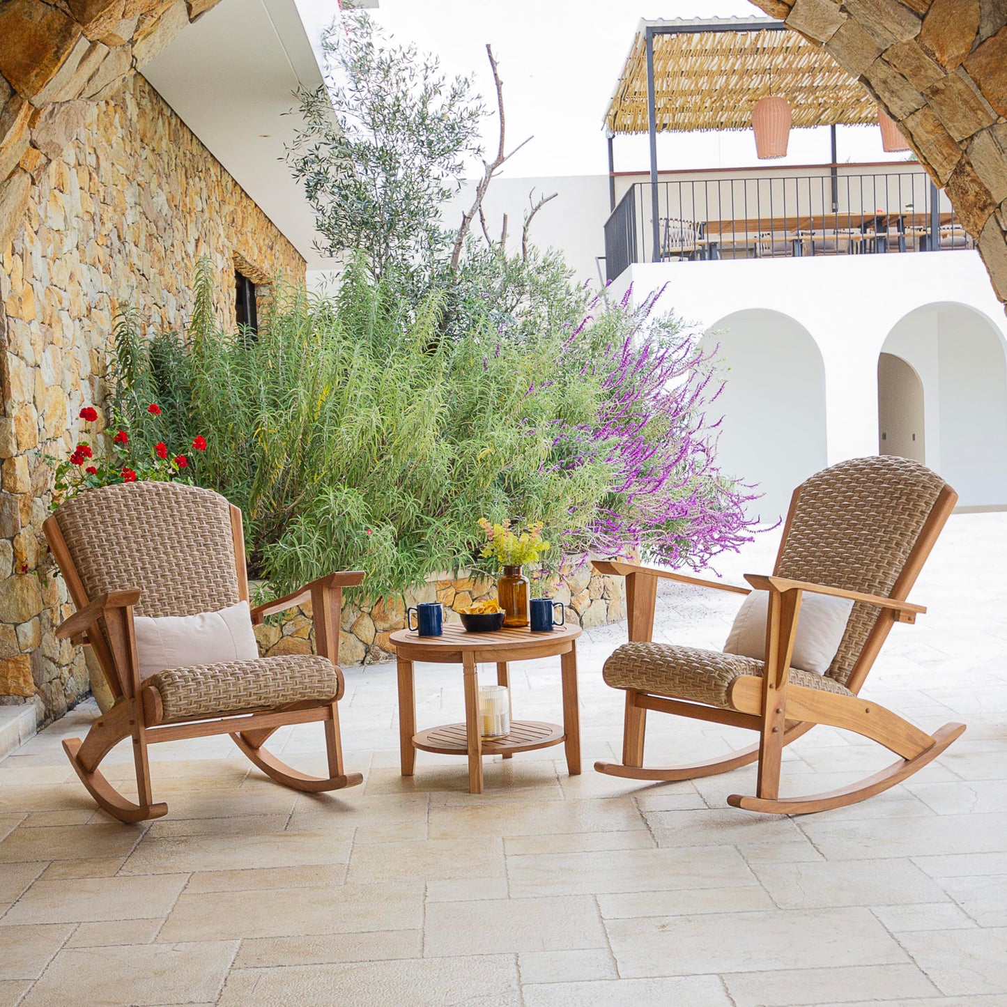 Cambridge Casual Camden 3-Piece Teak Wood Patio Conversation Set Beige Wicker, Padded Woven Seat, Deep Seating Rocking Chair Set of 2 with Side Table, Quick Dry Foam
