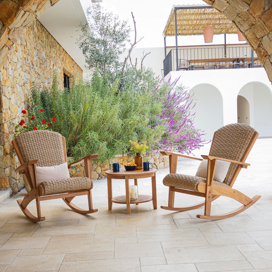 Cambridge Casual Camden 3-Piece Teak Wood Patio Conversation Set Beige Wicker, Padded Woven Seat, Deep Seating Rocking Chair Set of 2 with Side Table, Quick Dry Foam