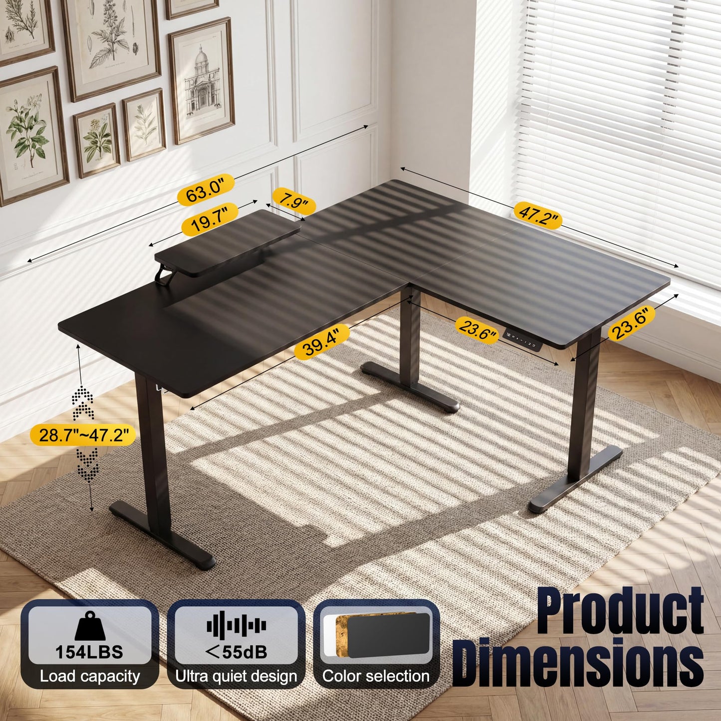 Shahoo L Shaped Electric Standing Desk, 63"x47.2" Corner Height Adjustable Sit Stand Desk with Monitor Riser, Ergonomic Stand Up Desk, 154 LBS Load Capacity Quiet Motor Home Office Computer Desk