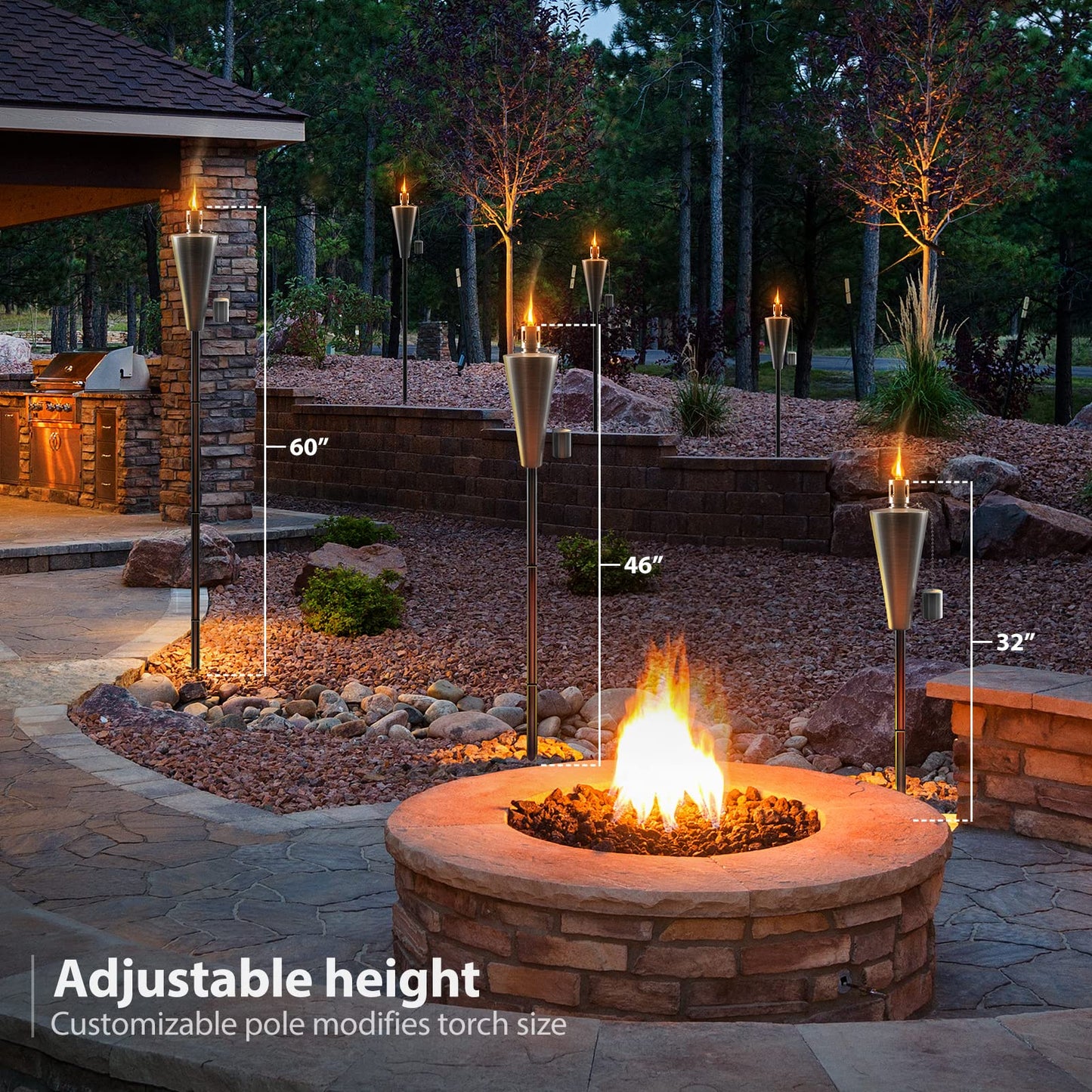 Matney Metal Torches - 5ft Tall Oil Torch Lamp - 2 Pack - Weatherproof Adjustable Height for Garden, Lawn, Yard