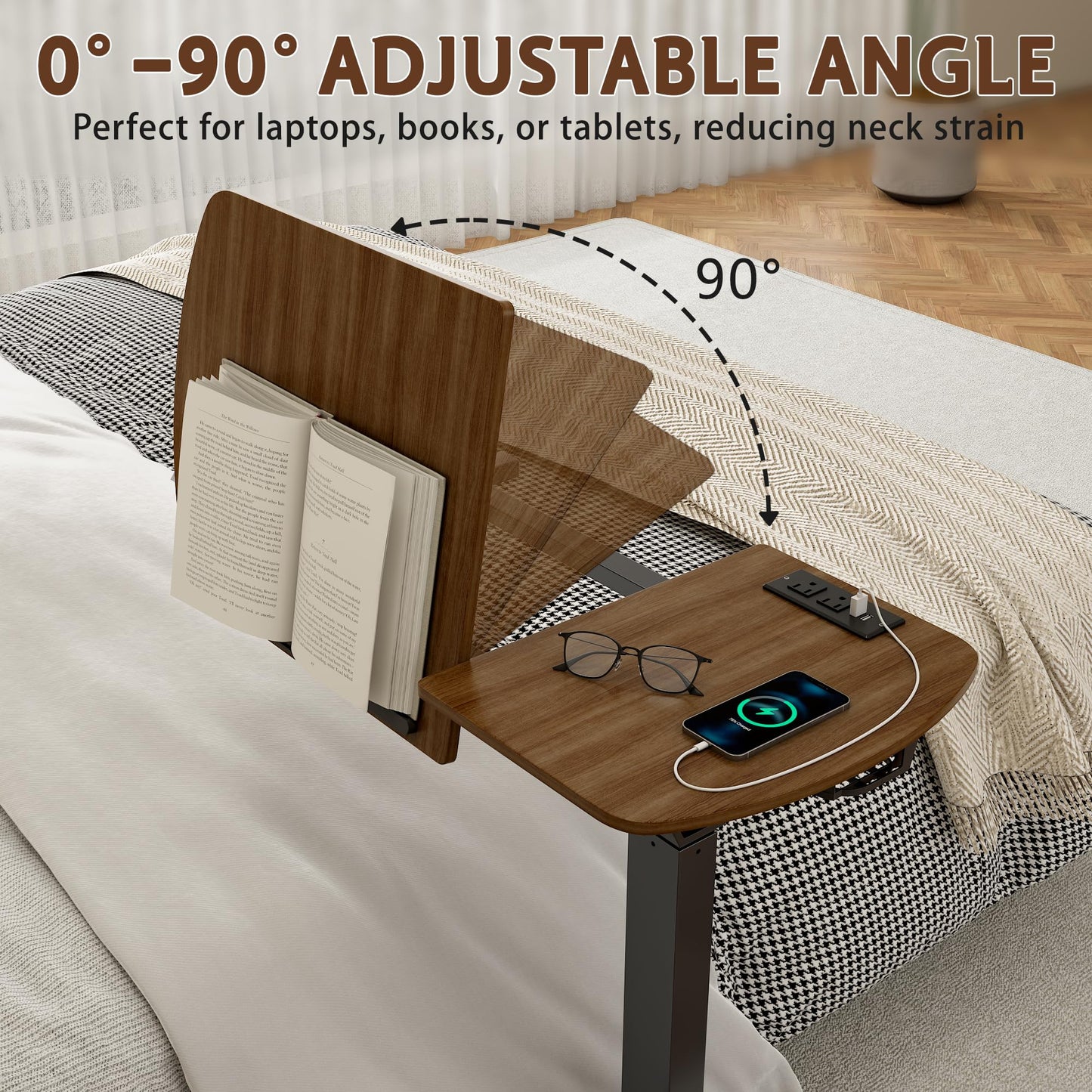 6 In 1 Overbed Table, 32'' Long Hospital Bed Table, Bedside Table (Walnut)