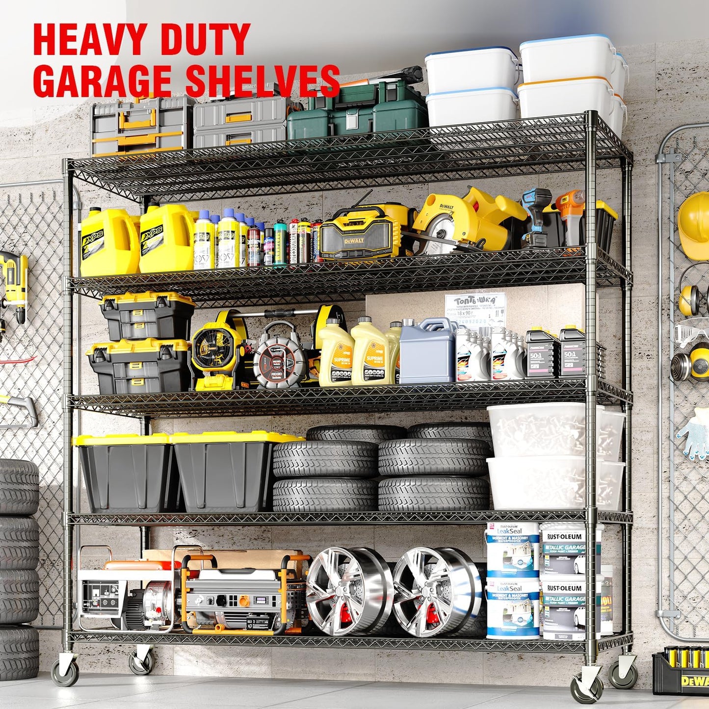MilleLoom 5 Tier Metel Shelving with Wheels, Garage Storage Shelves Heavy Duty Rack Load 3300LBS, Ajustable Black Wire Shelving Unit, for Home Garage Basement, Easy Assembly, 59" W X 24" D X 82" H