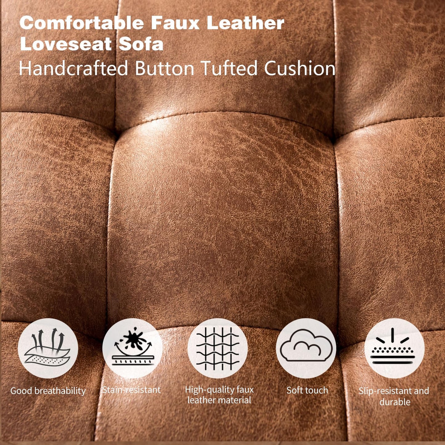 Meeyar 70" Mid-Century Modern Faux Leather Sofa, Comfortable Button Tufted Loveseat Couch with Bolster Pillows & Solid Wood Legs for Living Room, Apartment, Office, 1100lbs Capacity, Brown