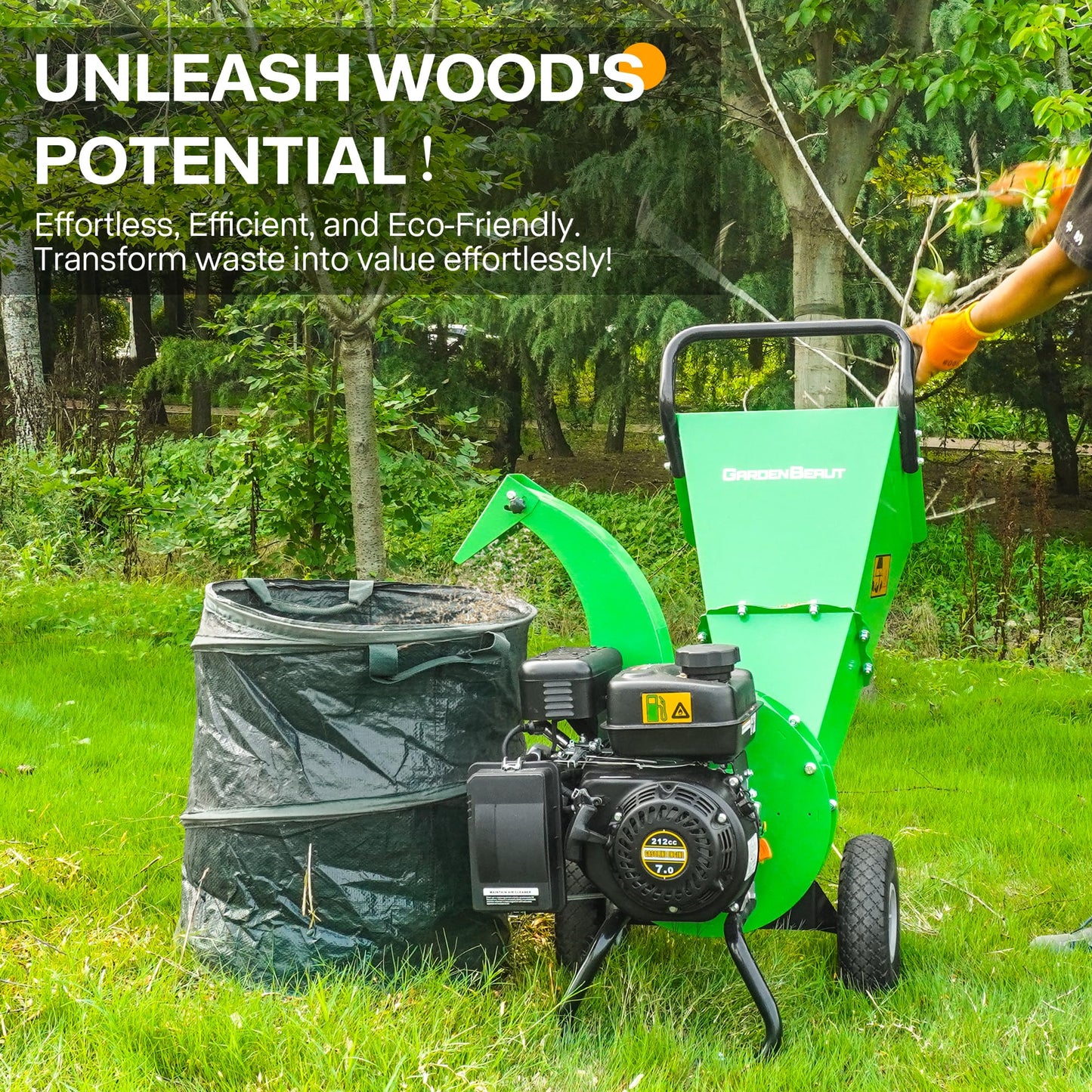 GARDENBEAUT S3 Wood Chipper Shredder, 7HP 212cc Gas Powered Heavy Duty, 3" Max Wood Diameter Capacity, 15: 1 Reduction Ratio, Easy Assembly, 1-Year Warranty After Product Registration