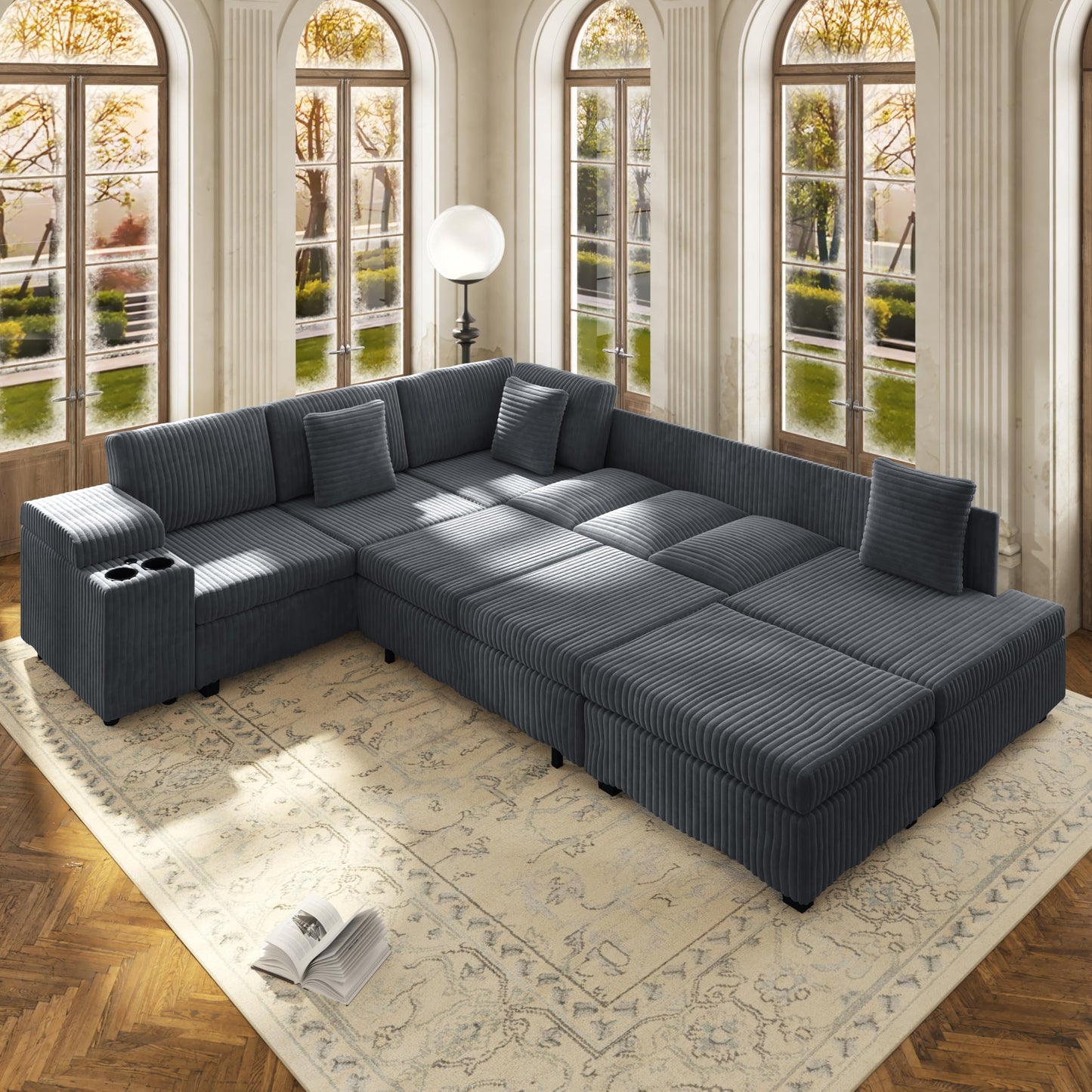 KEIKI 110" L-Shaped Oversized Plush Corduroy Modular Sectional Sofa with Pull-Out Bed, Convertible 6-Seater Sleeper Couch Bed with 1 Ottomans & USB & Cup Holders, Easy Assembly, for Living Room, Gray