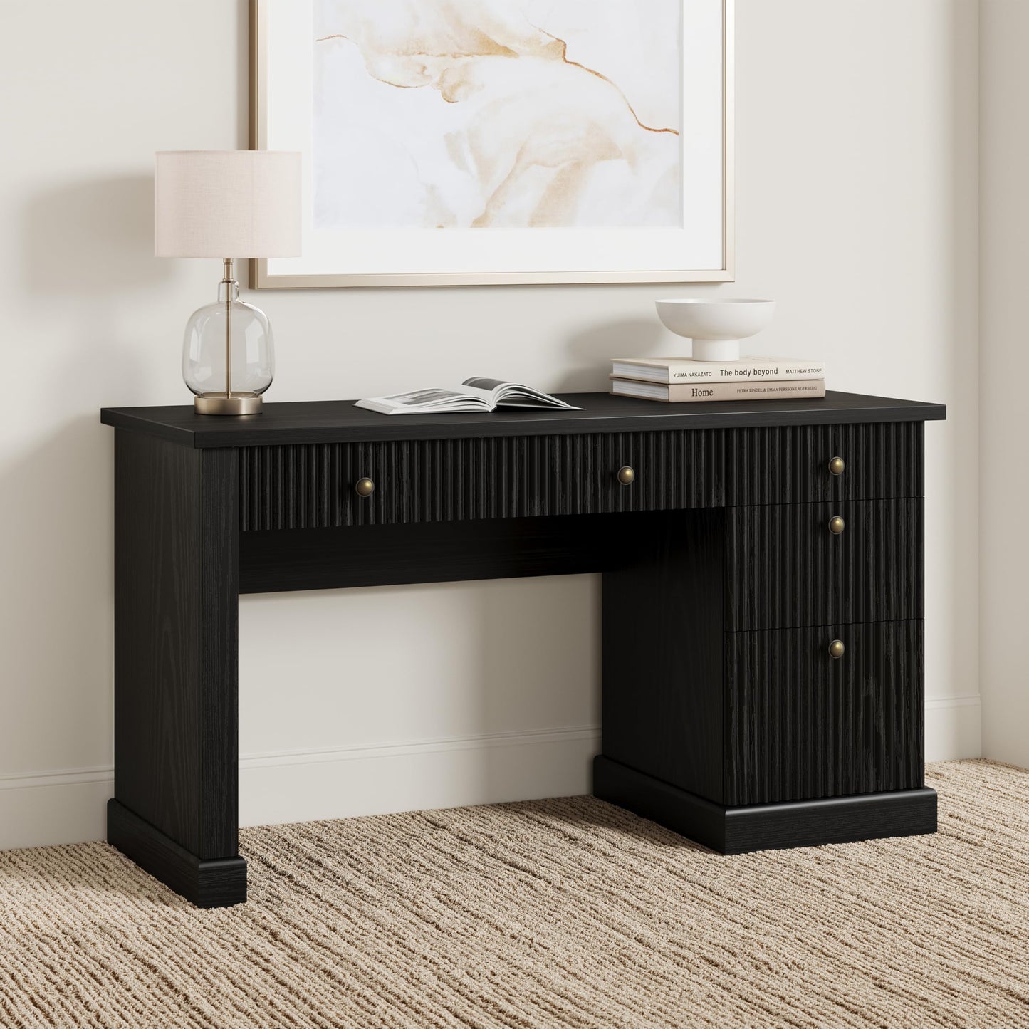 IDEALHOUSE Modern 54" Executive Office Desk with Fluted Details & Charging Station - Wooden Computer Desk with File Drawers, Home Office Storage Desk for Study, Living Room or Bedroom, Black