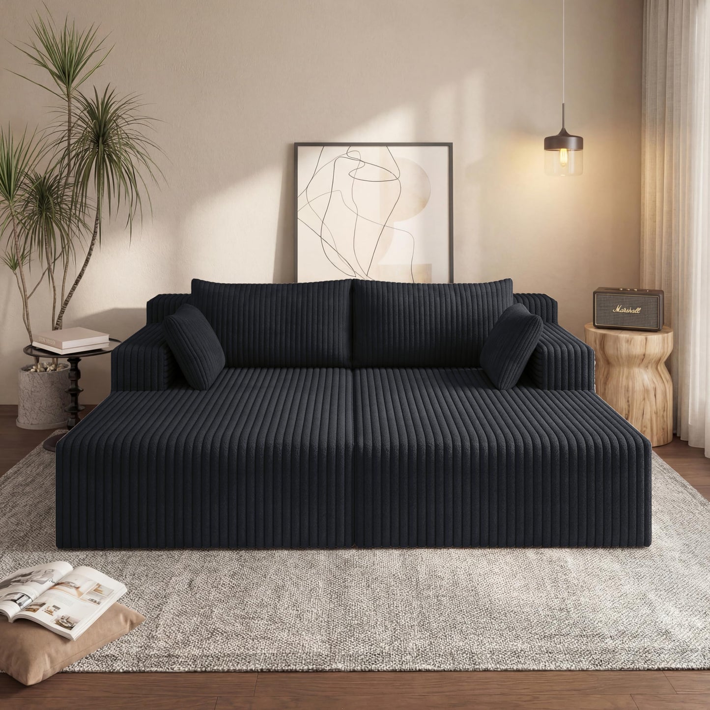 71-Inch Fluffy Corduroy Boneless Sleeper Daybed Loveseat Double Recliner Chaise Lounge Sofa Couches, Floor Cloud Sofa Chaise W/4 Pillows for Home Apartment Living Room