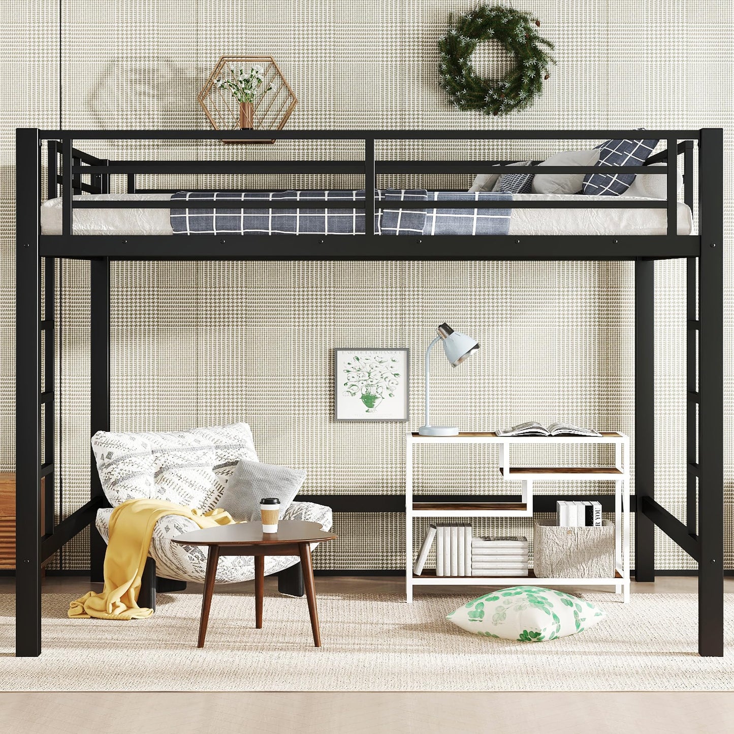 Bellemave Heavy Duty Loft Bed Frame with 2 Build in Ladder and Full Length Guardrail, Easy Assemble Loft Bed Queen Size, Noise Free Design, No Box Spring Needed, Black