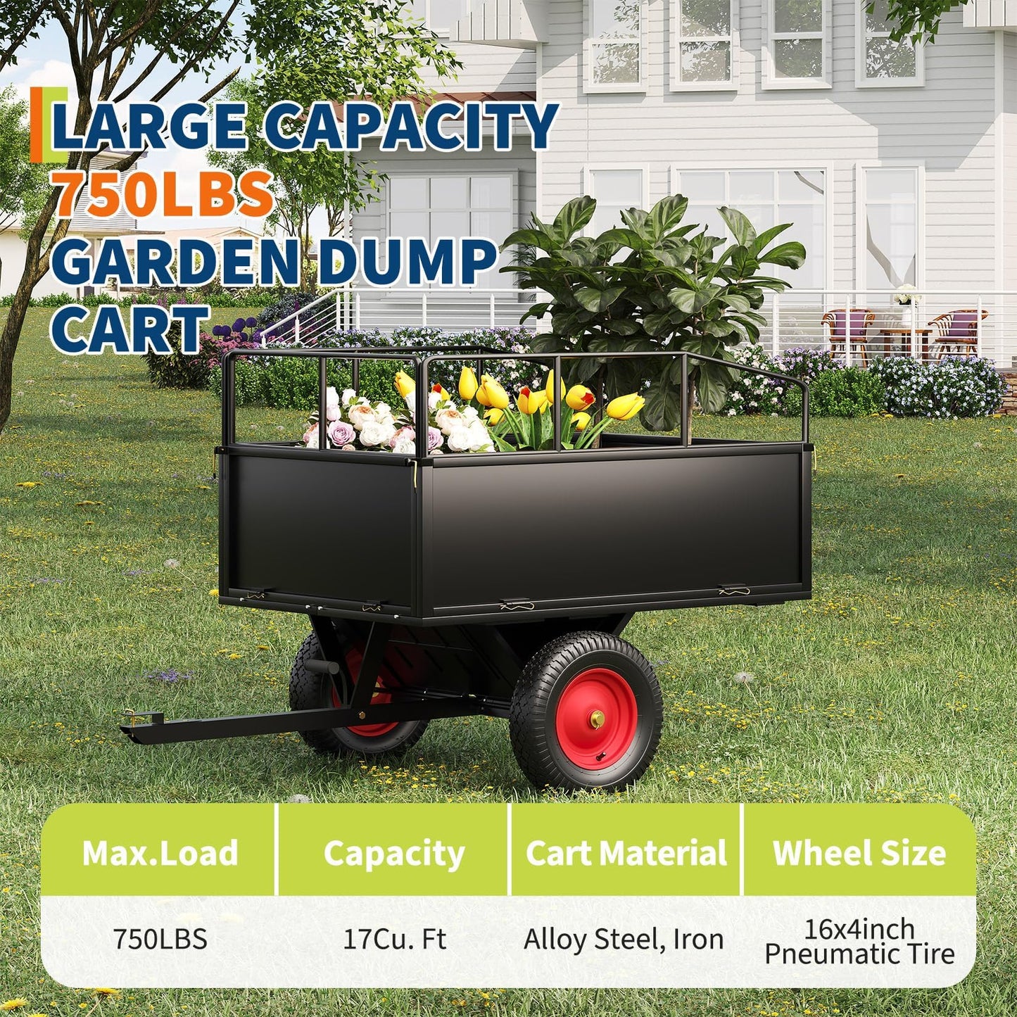 PeakPursuit Tow Behind Steel Dump Cart, Heavy Duty Yard Garden Trailer with Removable Sides & All Terrain Tires, Fits Lawn Mower, Tractor, Garden Cart, 750 lbs 17 Cubic Feet, Black