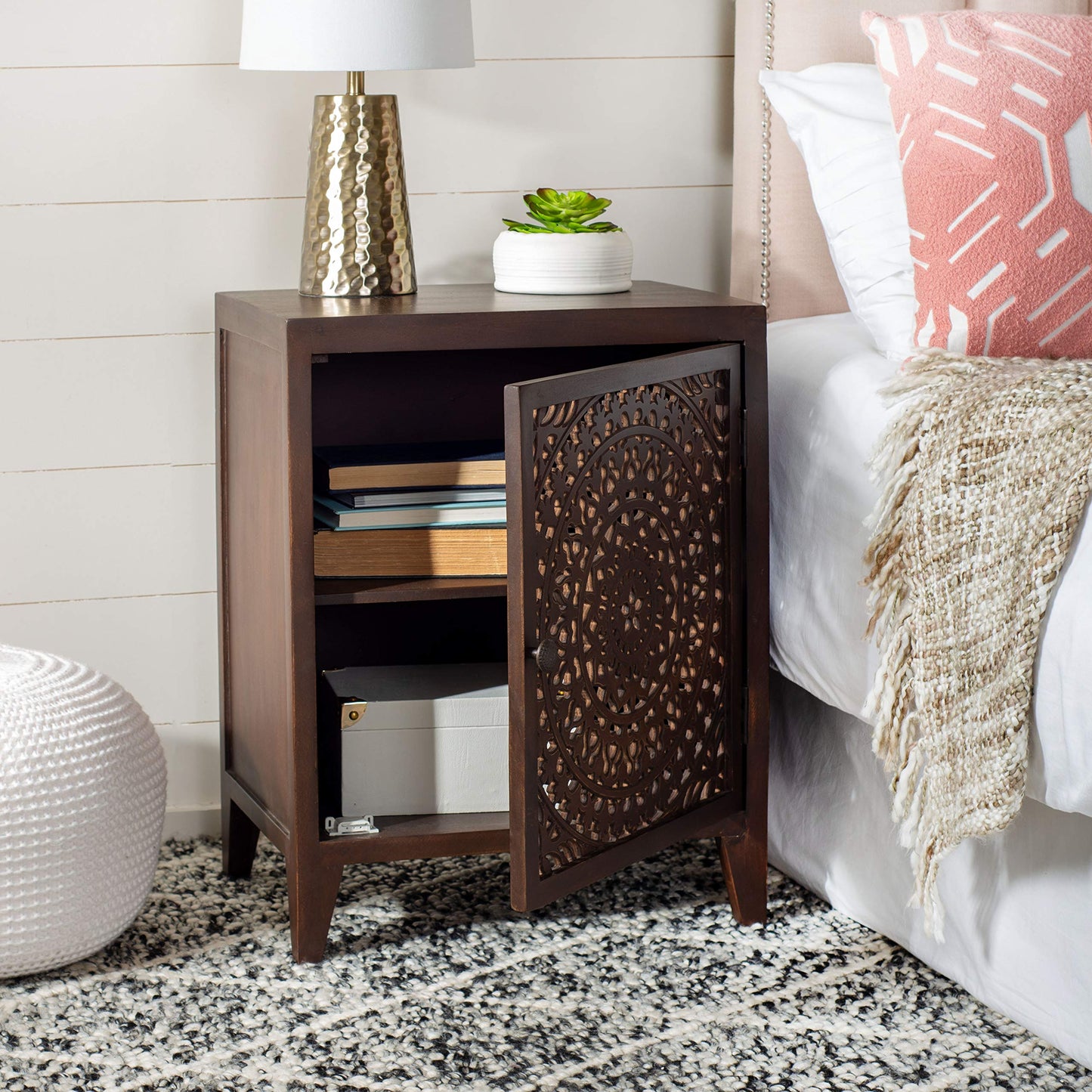 SAFAVIEH Furniture - Thea 1-Door Carved Nightstand - Brown - Mango Wood - Artisan Global Design - Ideal for Bedroom, 20"W x 14"D x 26"H - Fully Assembled (NST5300A)