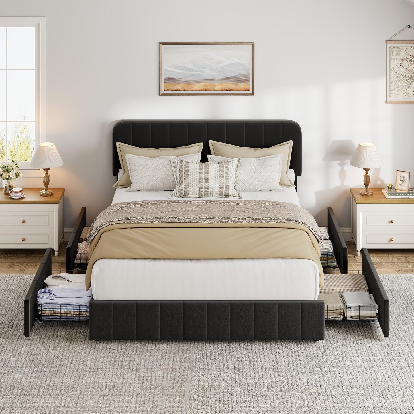 GAOMON Queen Bed Frame with Storage Drawers - Velvet Upholstered Platform Bed Frame with Adjustable Headboard, Wood Slats Support, No Box Spring Needed, Easy Assembly, Black