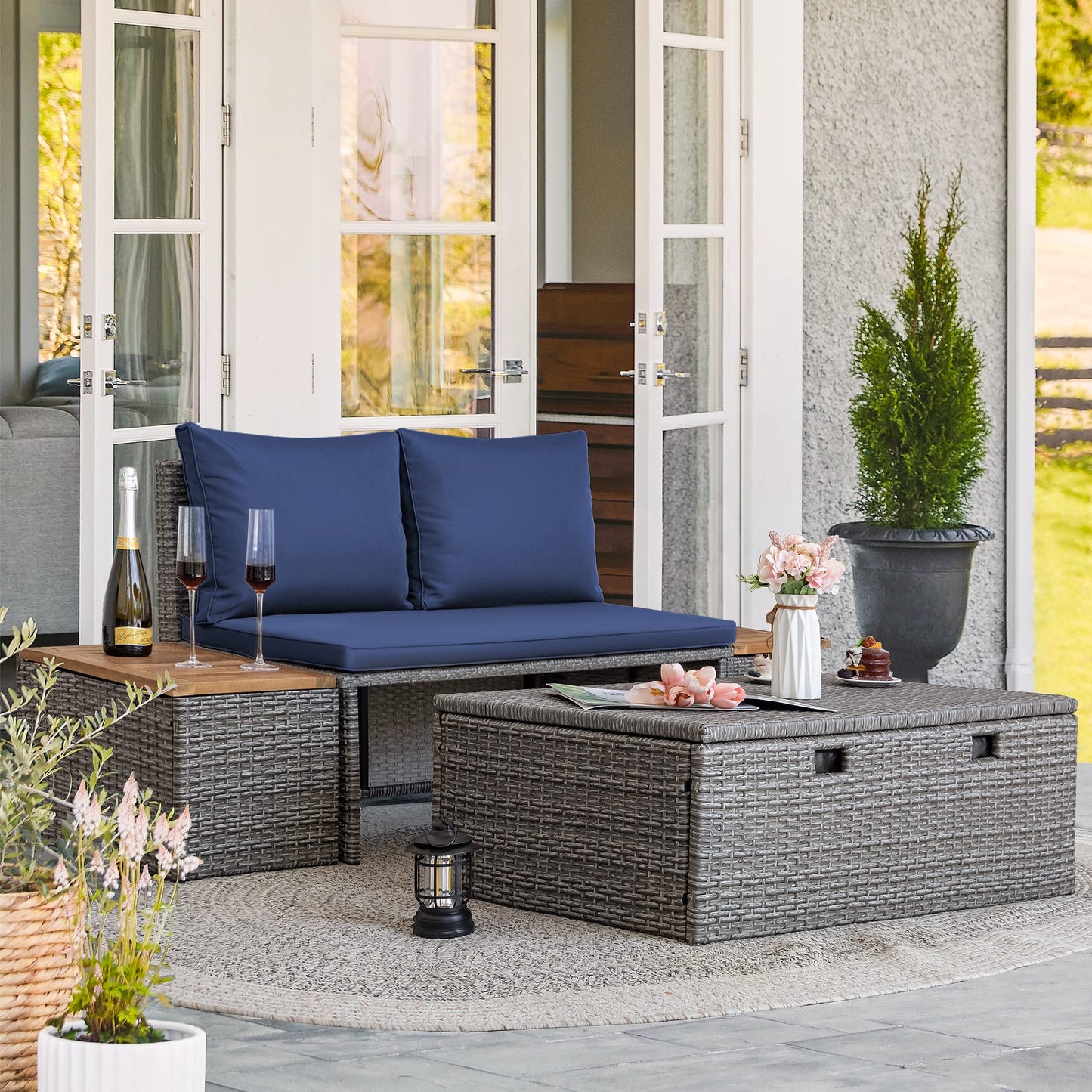 Greesum Patio Furniture Set Multifunctional Outdoor Sectional Sofa Rattan Chaise Lounge Wicker Daybed with Couch, Cushions, Storage Ottoman and 2 Side Tables for Backyard Porch Poolside Lawn,Blue