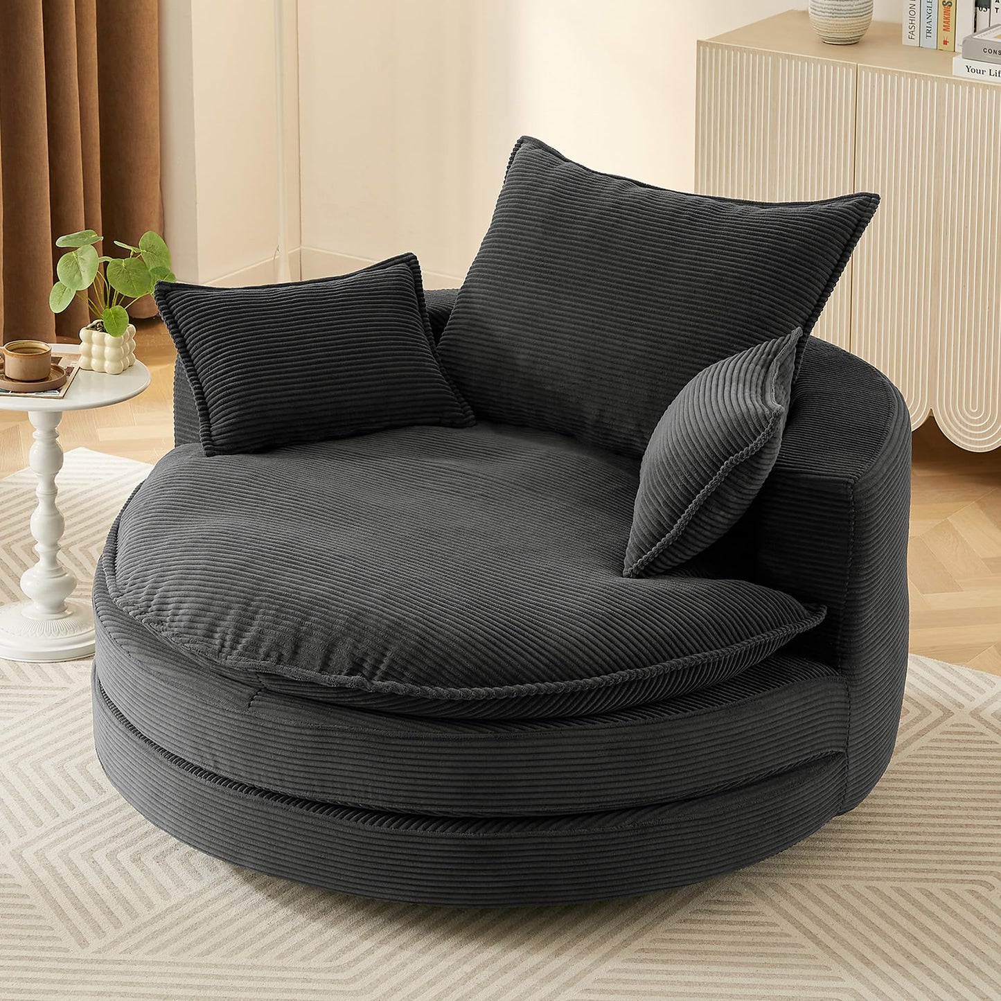 Merax 360° Swivel Sofa Chair, 57.5" Swivel Accent Barrel Chair with Dual-Layer Cushion Design, Modern Corduroy Leisure Sofa Round Chaise Lounge with 3 Removable Pillows for Living Room, Bedroom