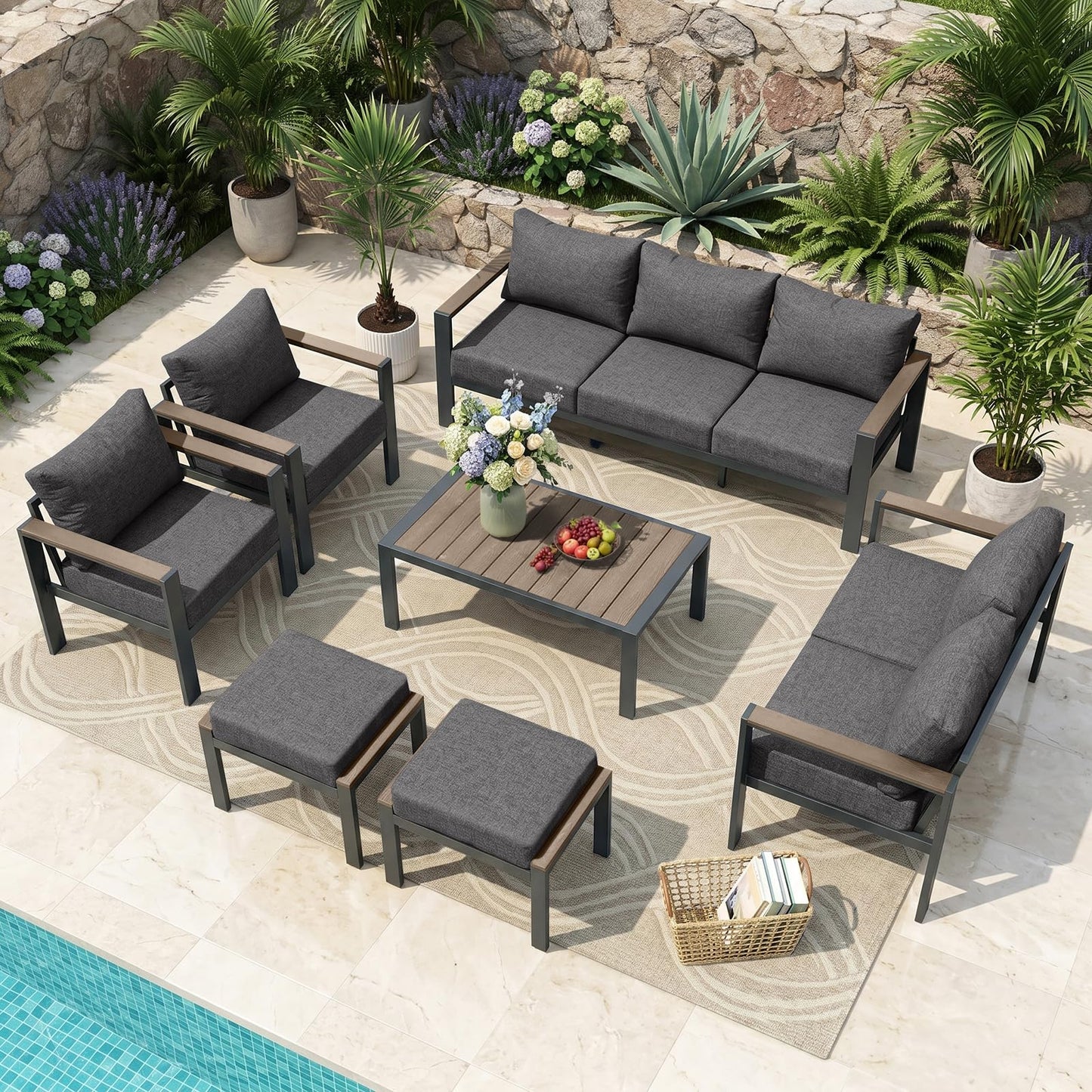 ADRERIC Patio Furniture Set 9 Seats and Coffee Table, 7 Pieces Patio Conversation Set with Thick Cushion, Ottomans, Deluxe Aluminum Modern Outside Sectional for Porch, Balcony, Deck, Yard, Dark Gray